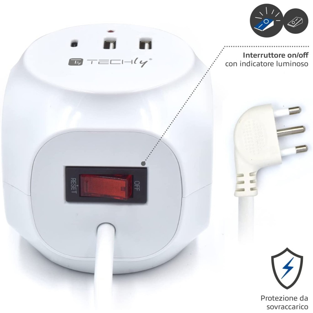 Cubo di alimentazione bianco con pulsante di reset rosso e cavo di alimentazione con spina.