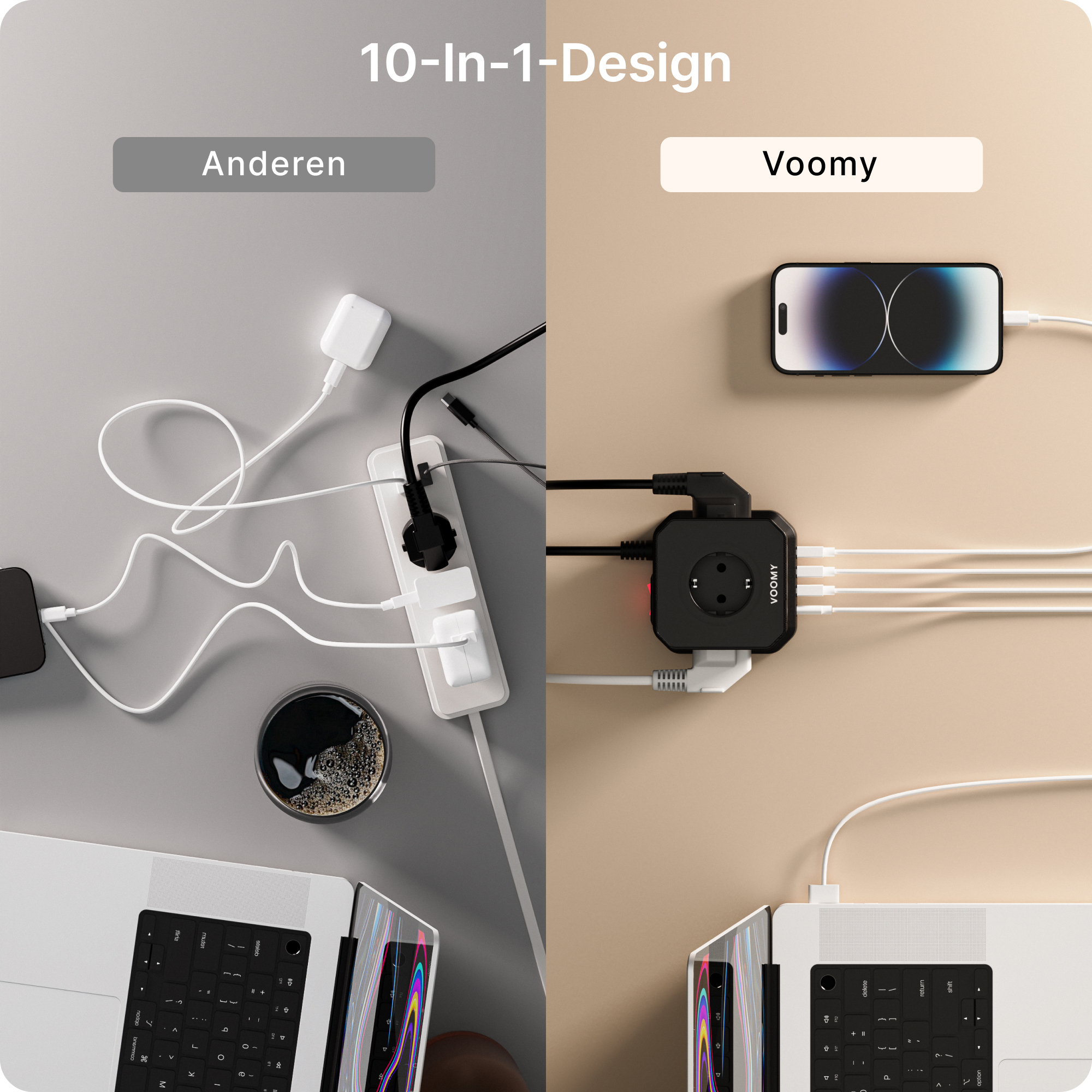 Geteiltes Bild, zeigt Stromlösungen mit Telefonen, Laptops und Adaptern auf einem Tisch.