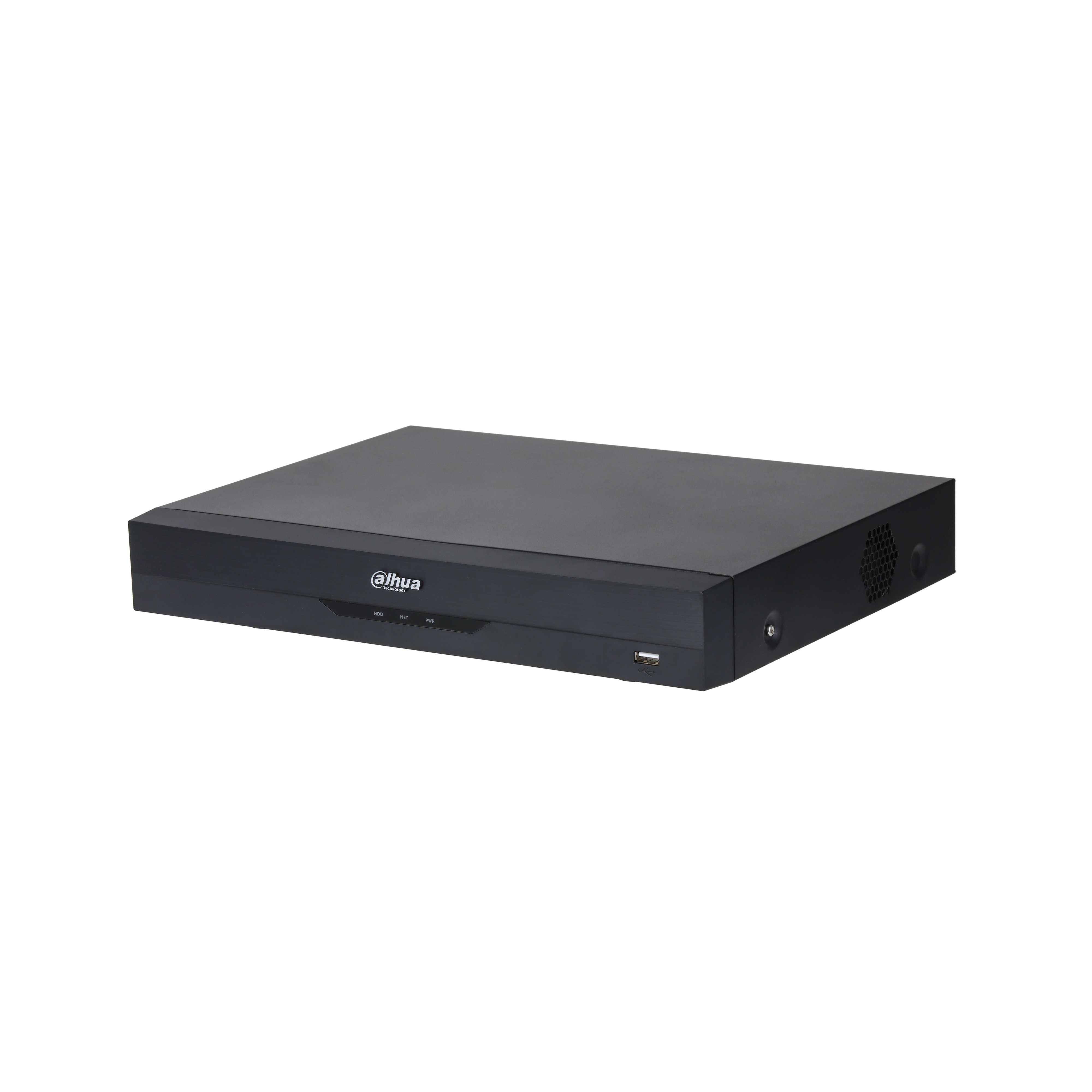 Sistema di sicurezza DVR nero con superficie nera, su sfondo bianco.