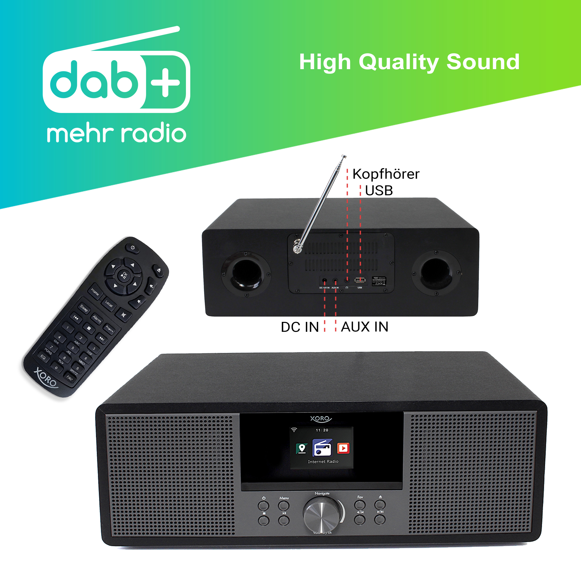 Radio z pilotem, pokazujące ekran z tekstem i symbolami.