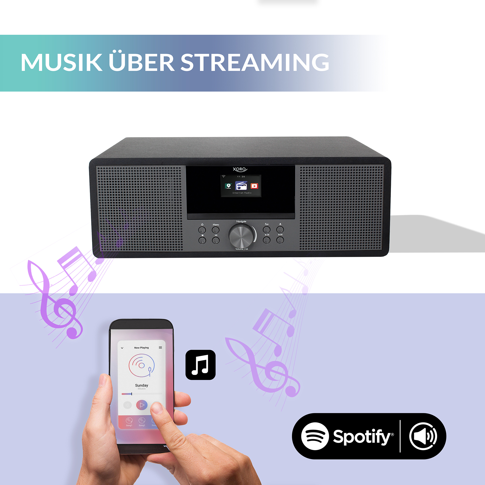 Radio z ekranem, telefon z muzyką i logo Spotify.