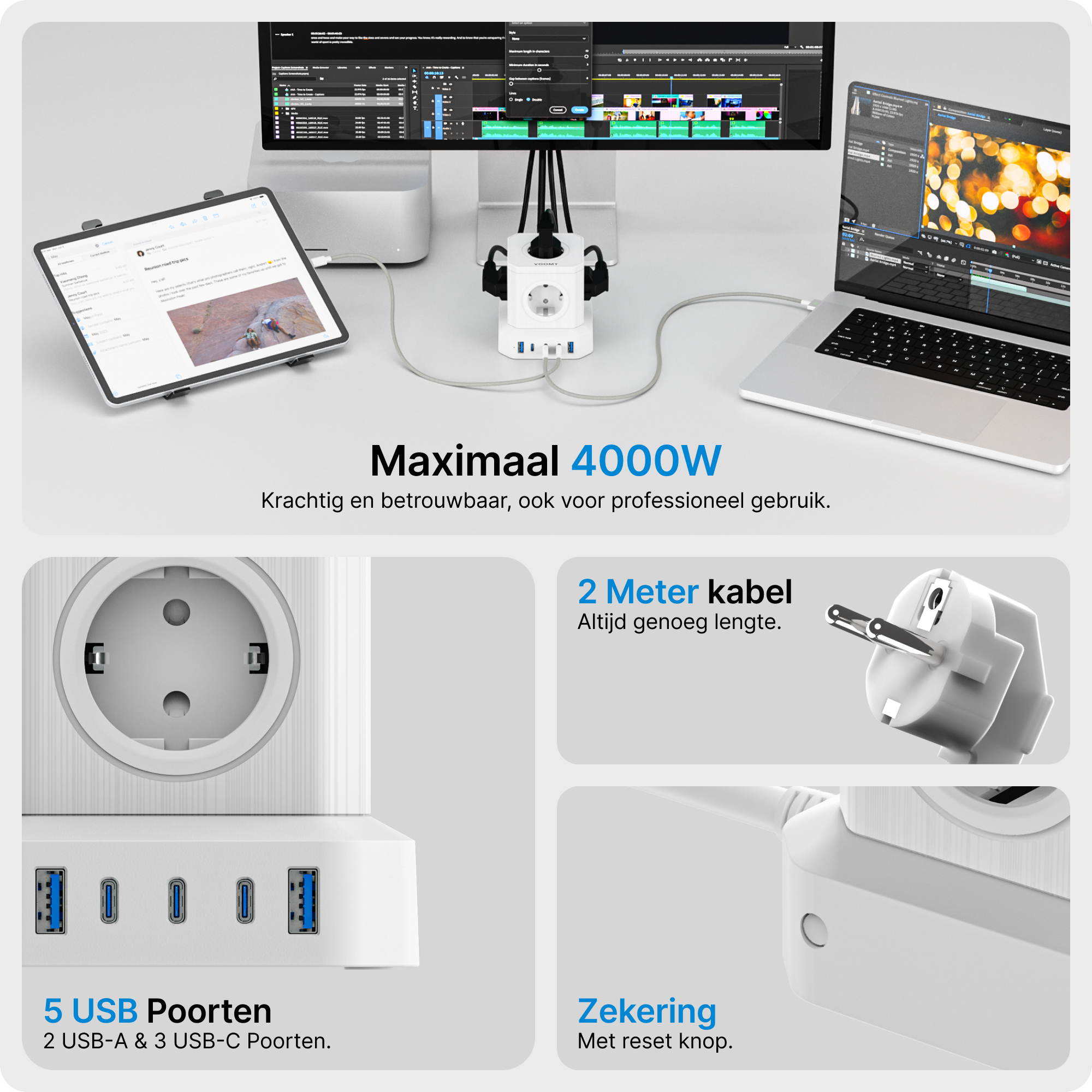 Ein Power Cube, der mit einem Laptop und anderen Geräten verbunden ist, mit Funktionen und Details.