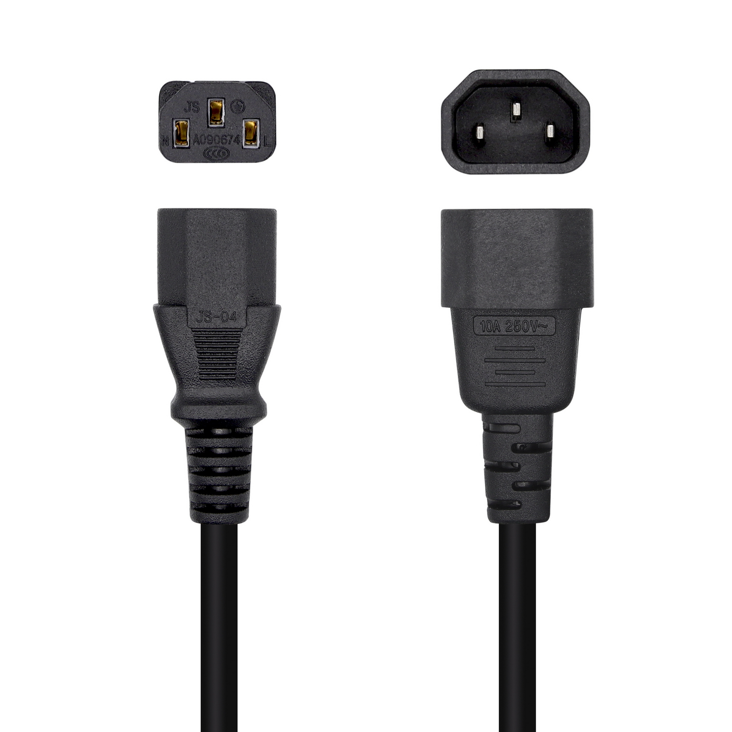 Dos cables de alimentación negros con diferentes extremos, para conectar a un dispositivo.