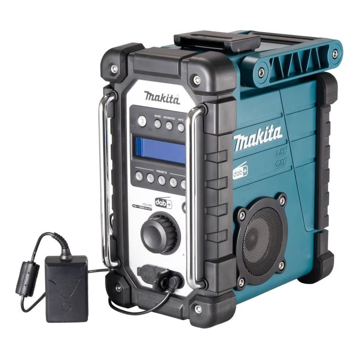 Turkusowo-czarne radio Makita z wyświetlaczem, głośnikiem i zasilaniem na białym tle.