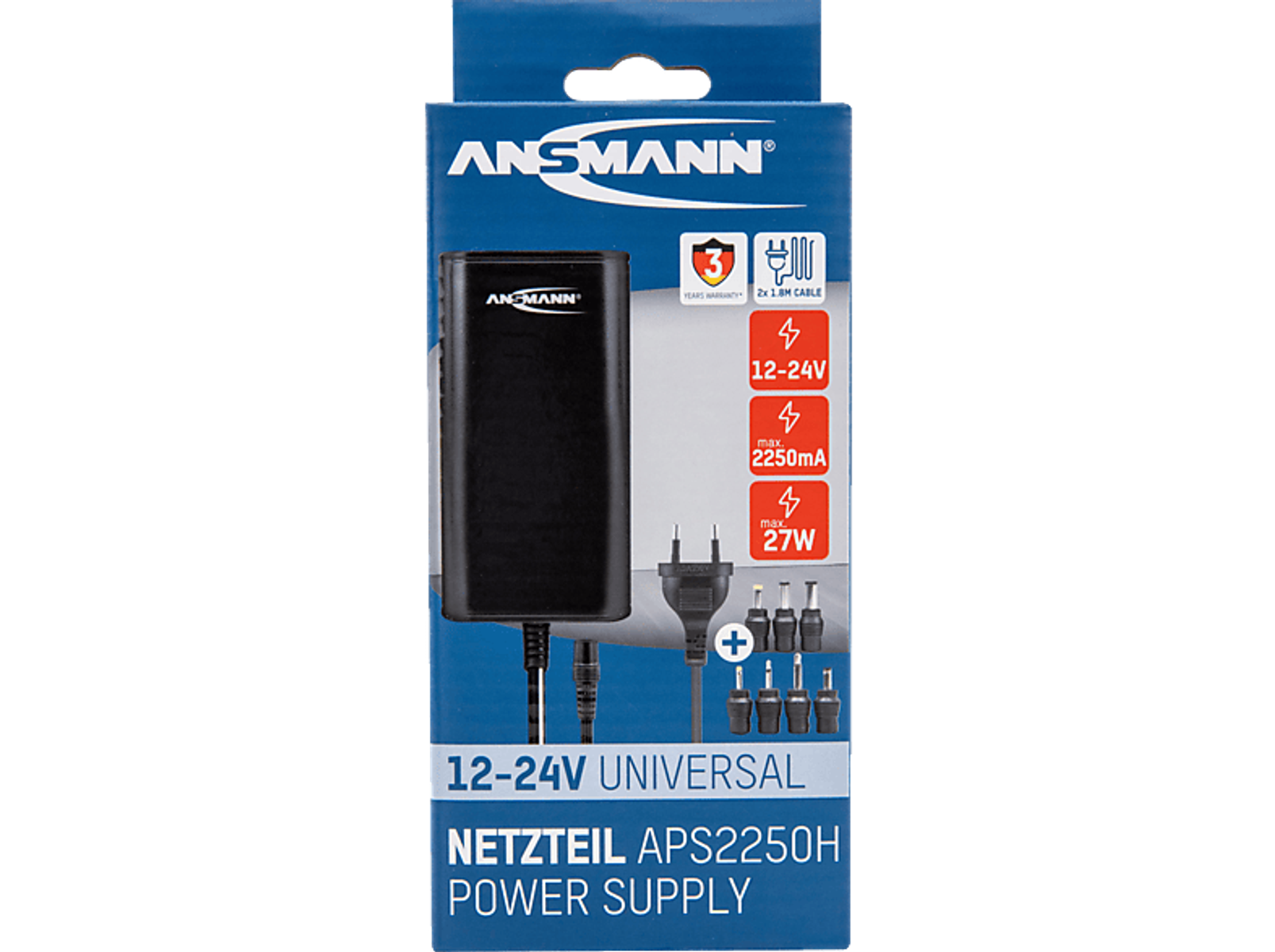 Czarna obudowa zasilacza ze specyfikacjami i różnymi wtyczkami.