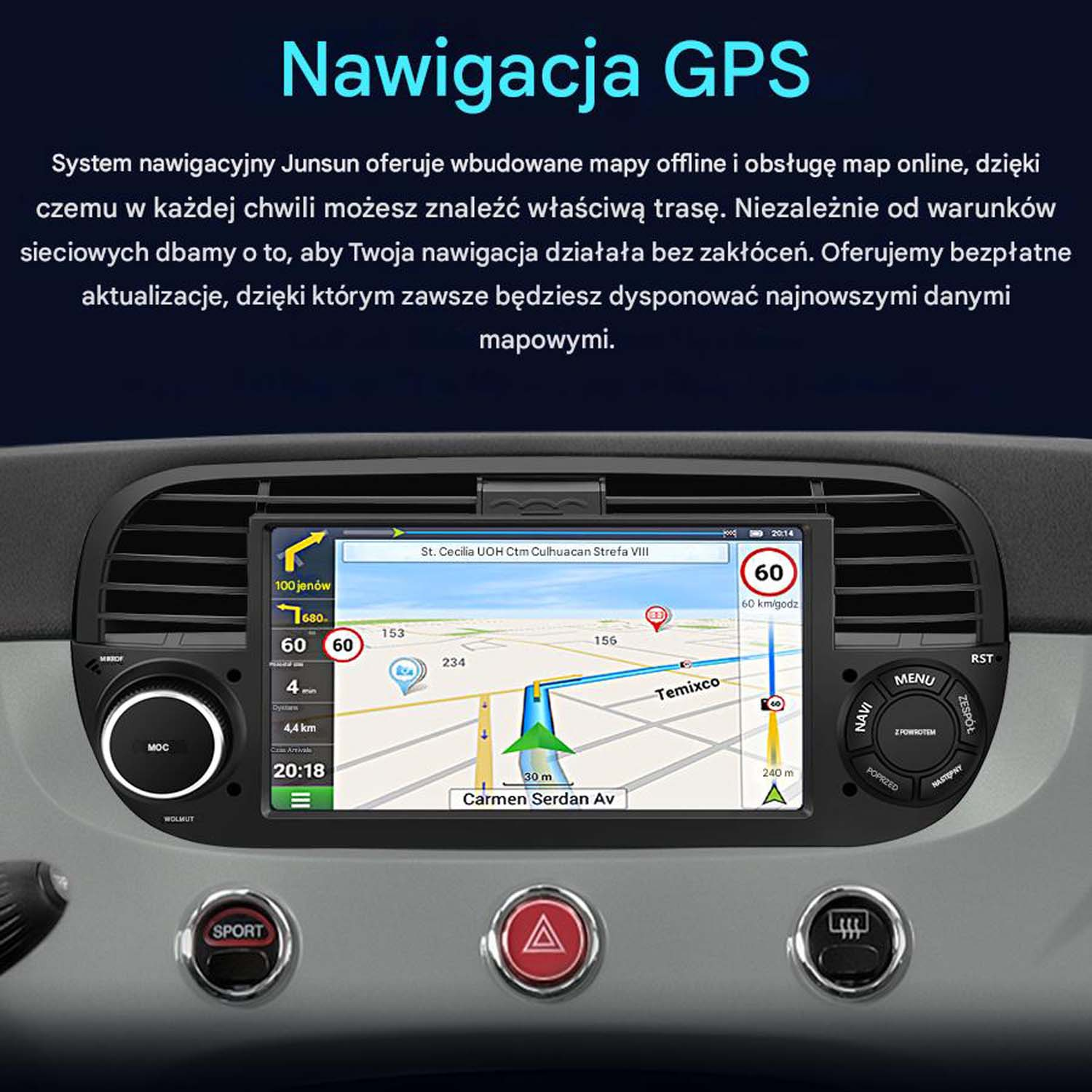 Radio samochodowe pokazujące nawigację GPS na ekranie, wyświetlające mapę i wskazówki trasy.