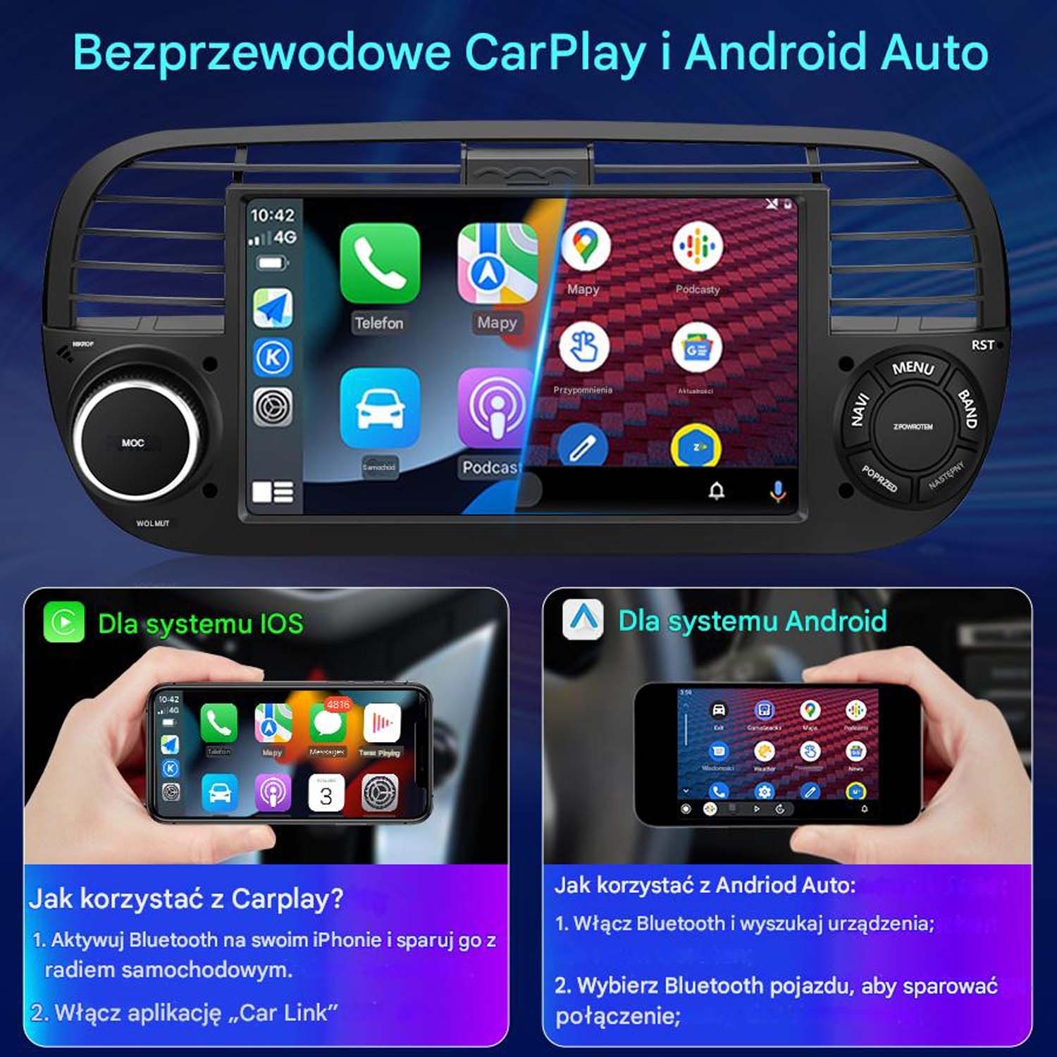 Ekran radia samochodowego wyświetla aplikacje, instrukcje połączeń iOS i Android.