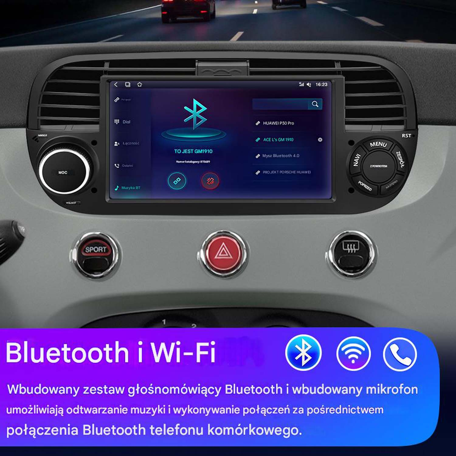 Ekran radia samochodowego pokazujący funkcje Bluetooth i Wi-Fi, z ikonami i widokiem wnętrza samochodu.