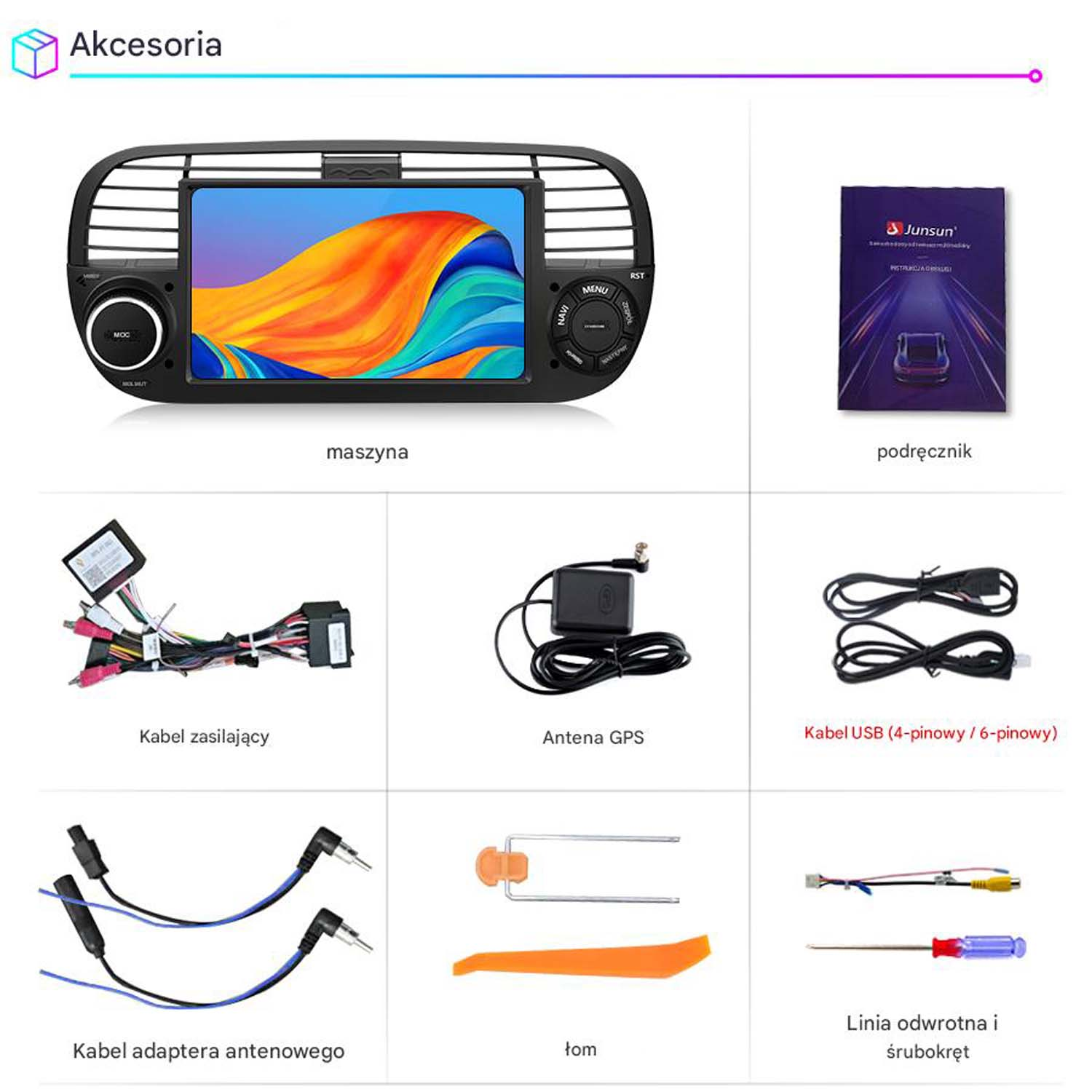 Radio samochodowe z ekranem i akcesoriami, w tym kablami, anteną GPS i instrukcją.