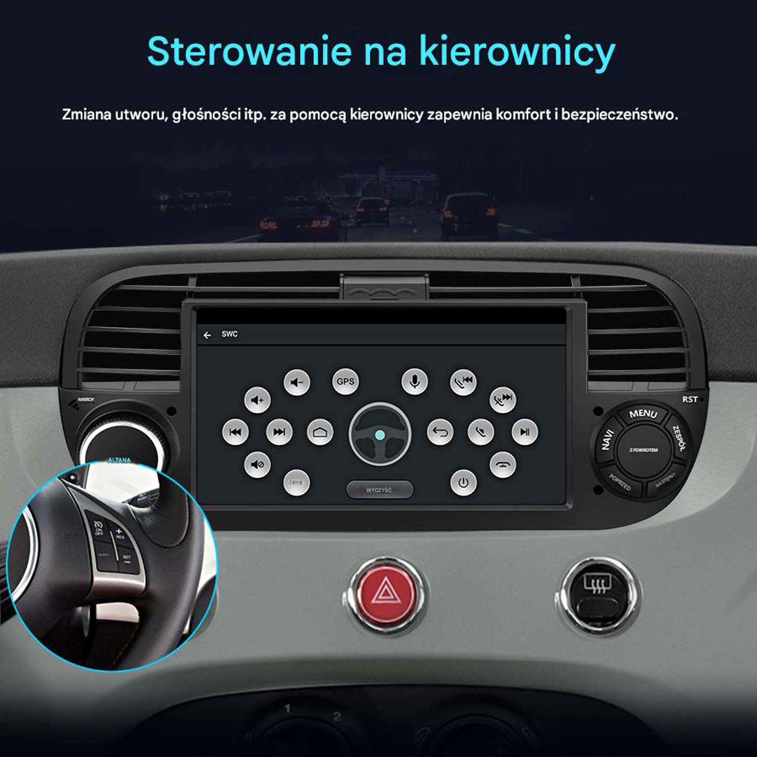 Ekran radia samochodowego pokazujący elementy sterowania na kierownicy. Pokazuje opcje, jak głośność i zmiana utworów.