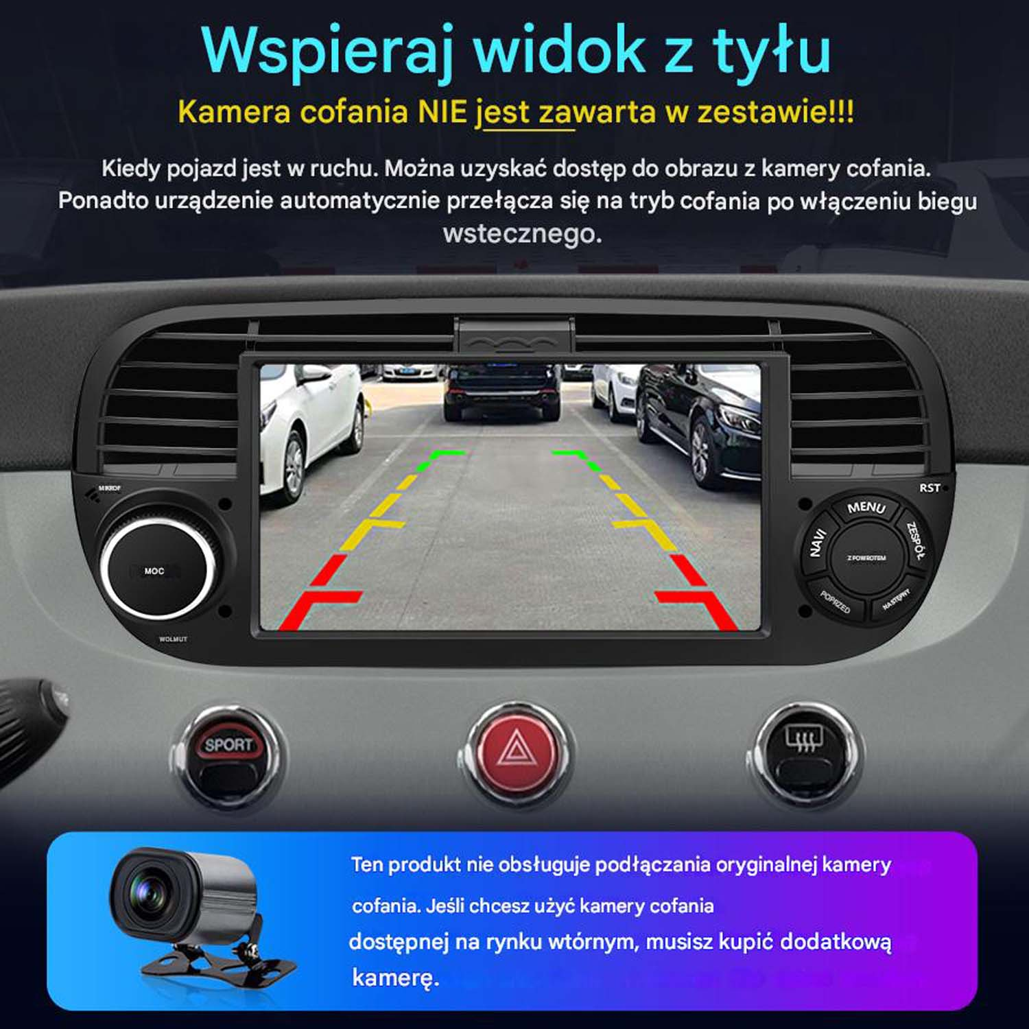 Ekran deski rozdzielczej samochodu wyświetlający widok z kamery cofania.