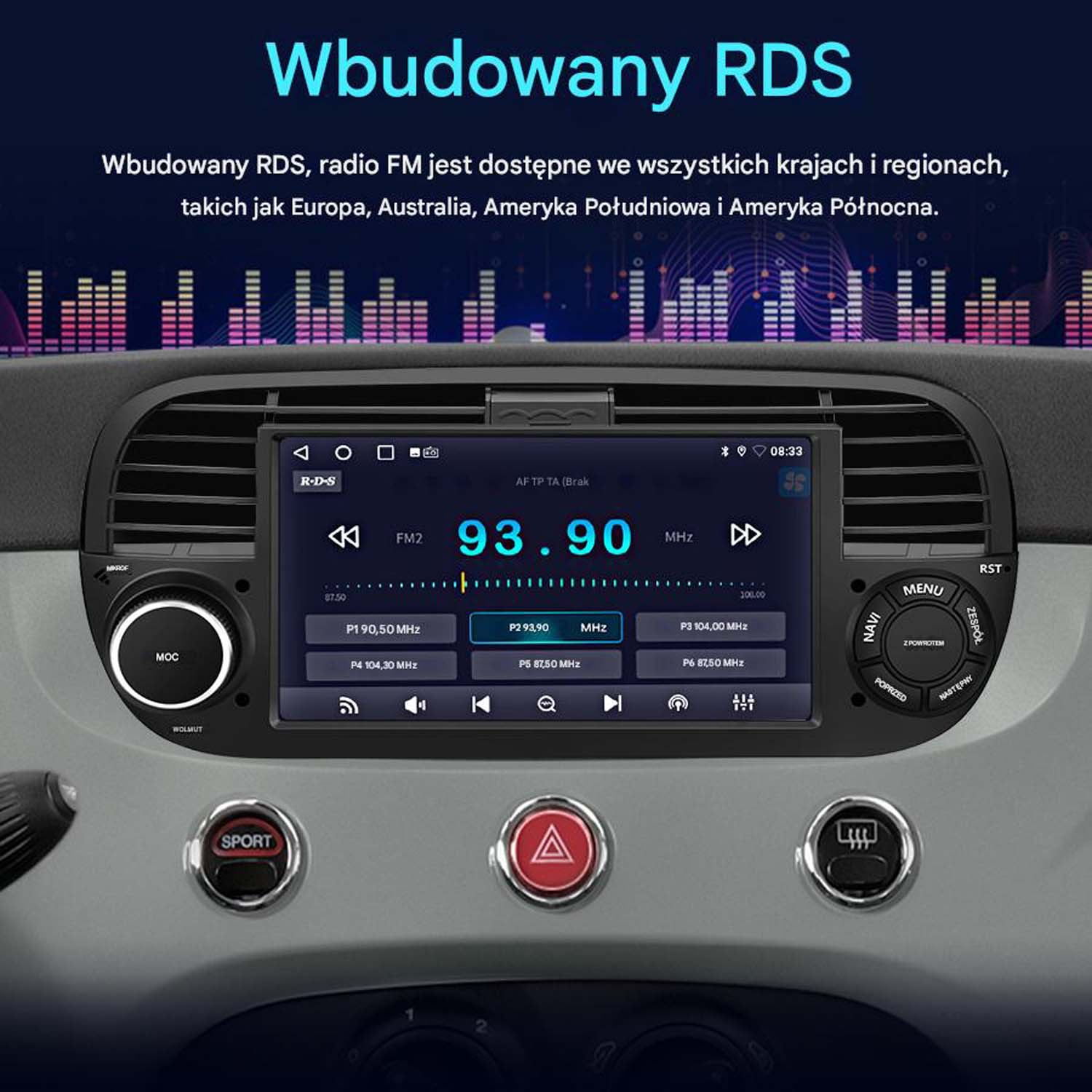 Deska rozdzielcza samochodu z wyświetlaczem radia pokazującym FM 93.90, z przyciskami i innymi elementami sterującymi. Ekran jest włączony.