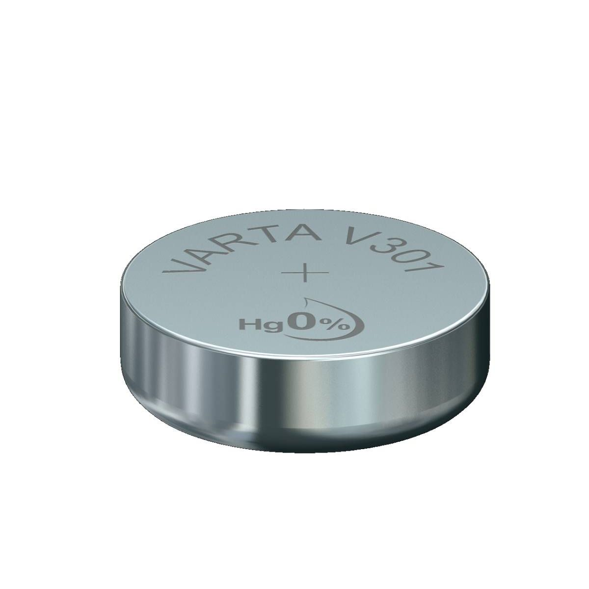 Piccola batteria rotonda argentata con la scritta 'VARTA V301' e un simbolo più.