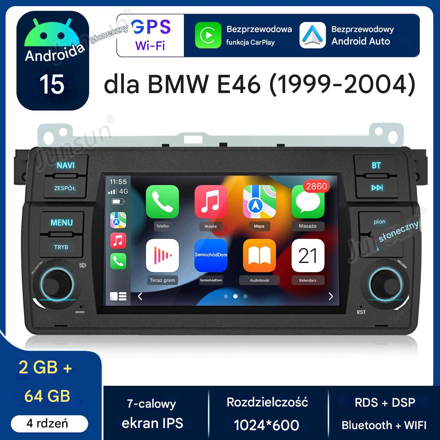 System multimedialny do samochodu z ekranem dotykowym, przyciskami i ikonami. Białe tło.