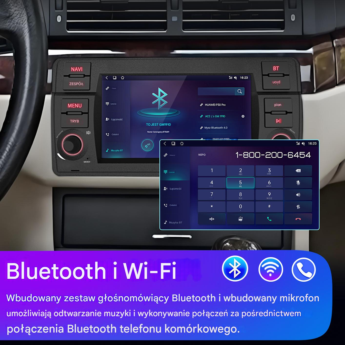 System multimedialny do samochodu pokazujący Bluetooth i Wi-Fi, z interfejsem telefonu. Ciemne tło deski rozdzielczej.