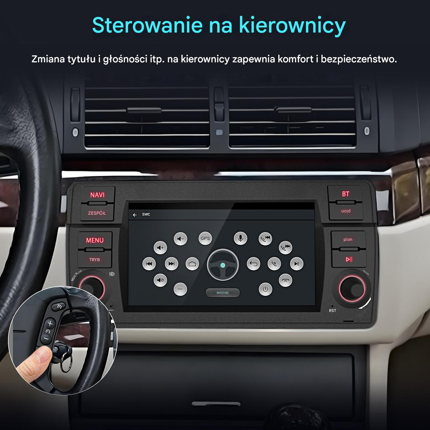 Ekran radia samochodowego w samochodzie z elementami sterowania na kierownicy. Widoczne przyciski i wyświetlacz.