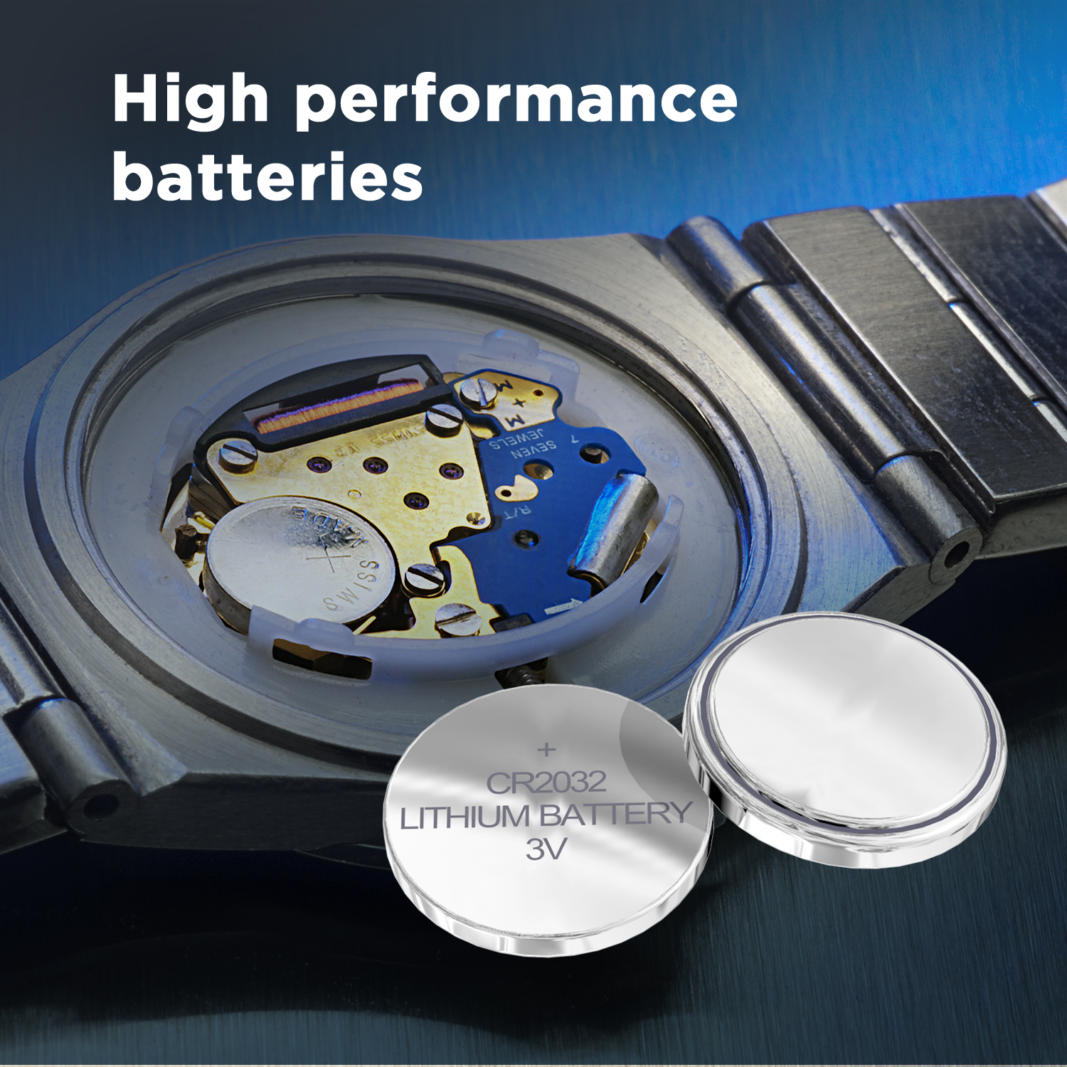Zegarek z odsłoniętymi elementami wewnętrznymi i dwiema bateriami CR2032. Tekst 'High performance batteries' jest u góry.