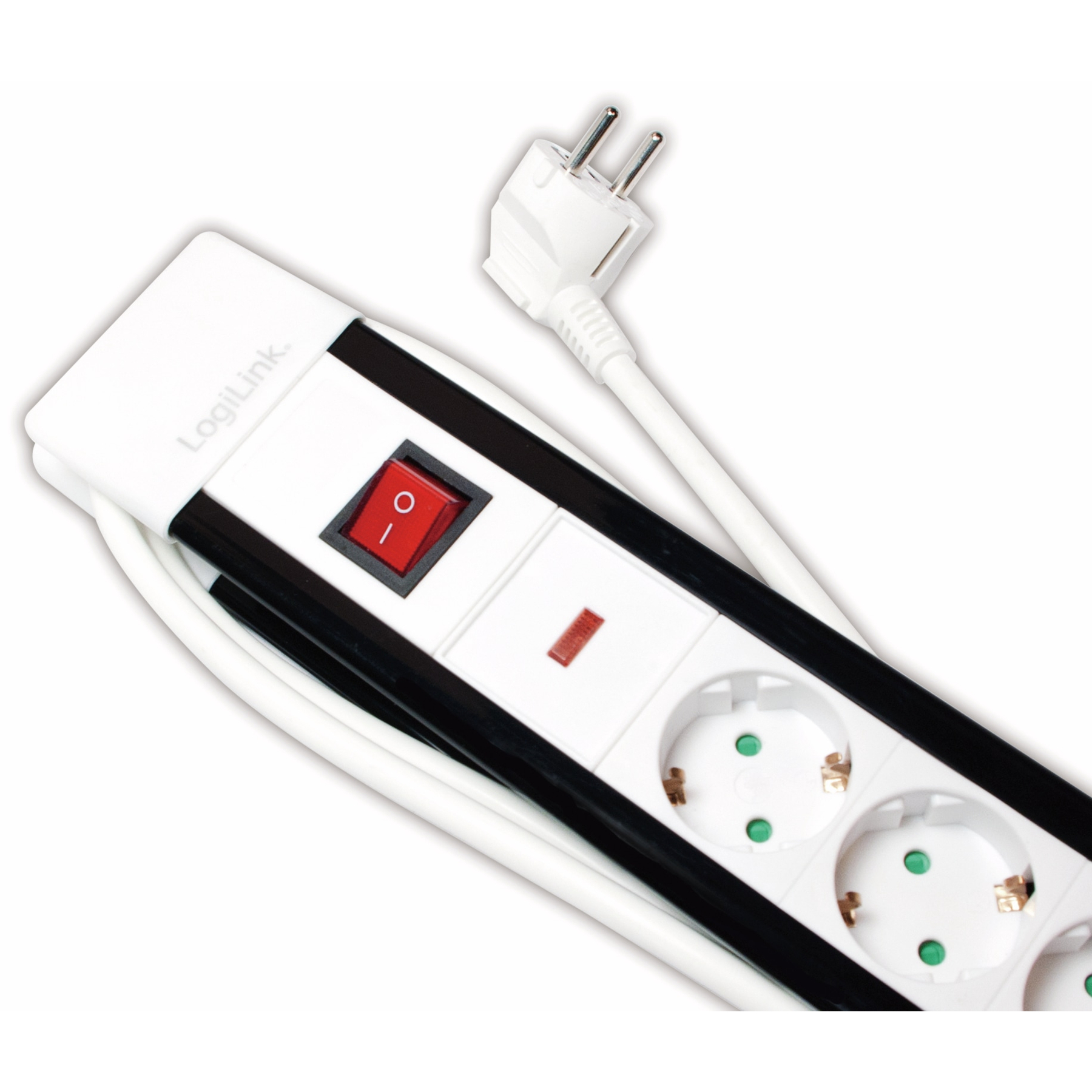 Biała listwa zasilająca LogiLink z czerwonym przyciskiem zasilania.