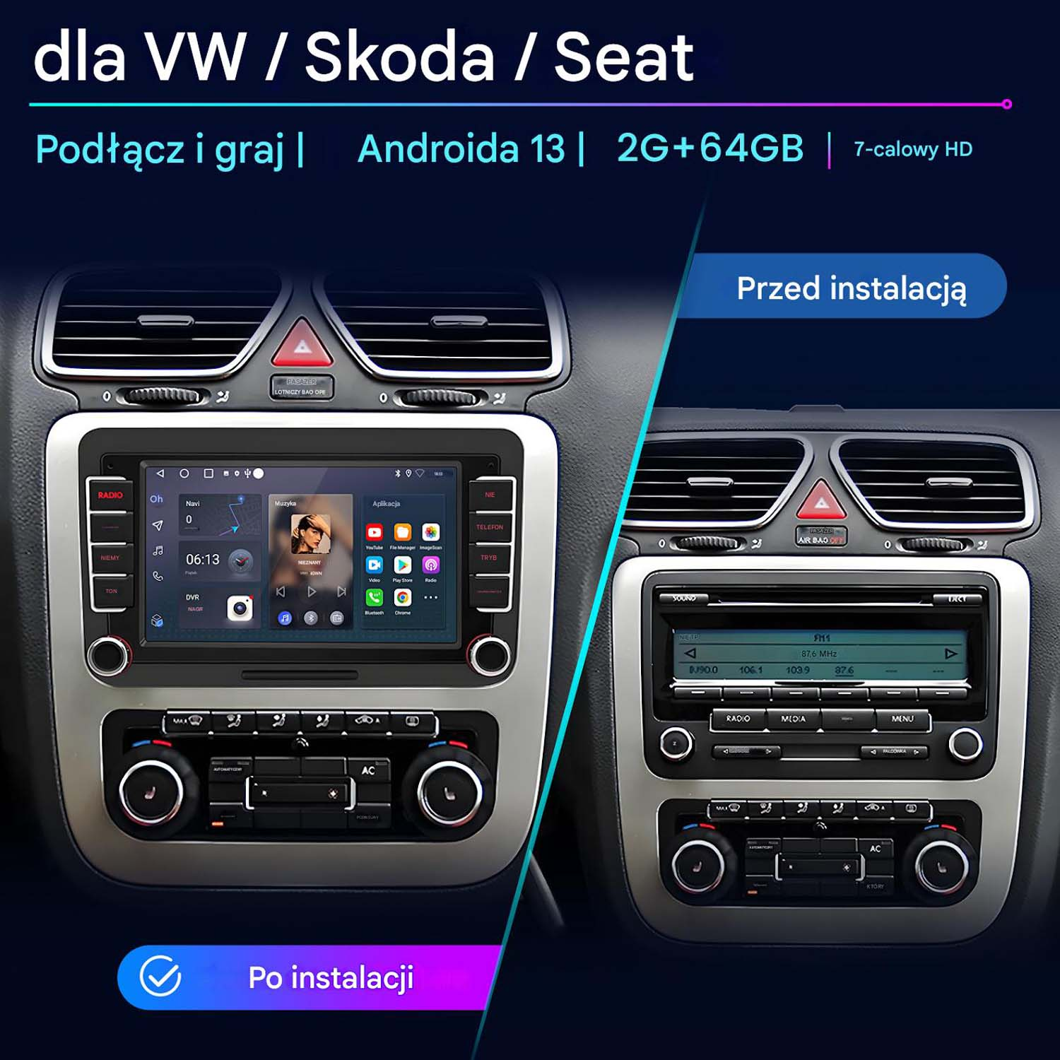 Ekran radia samochodowego z aplikacją nawigacyjną i deską rozdzielczą.