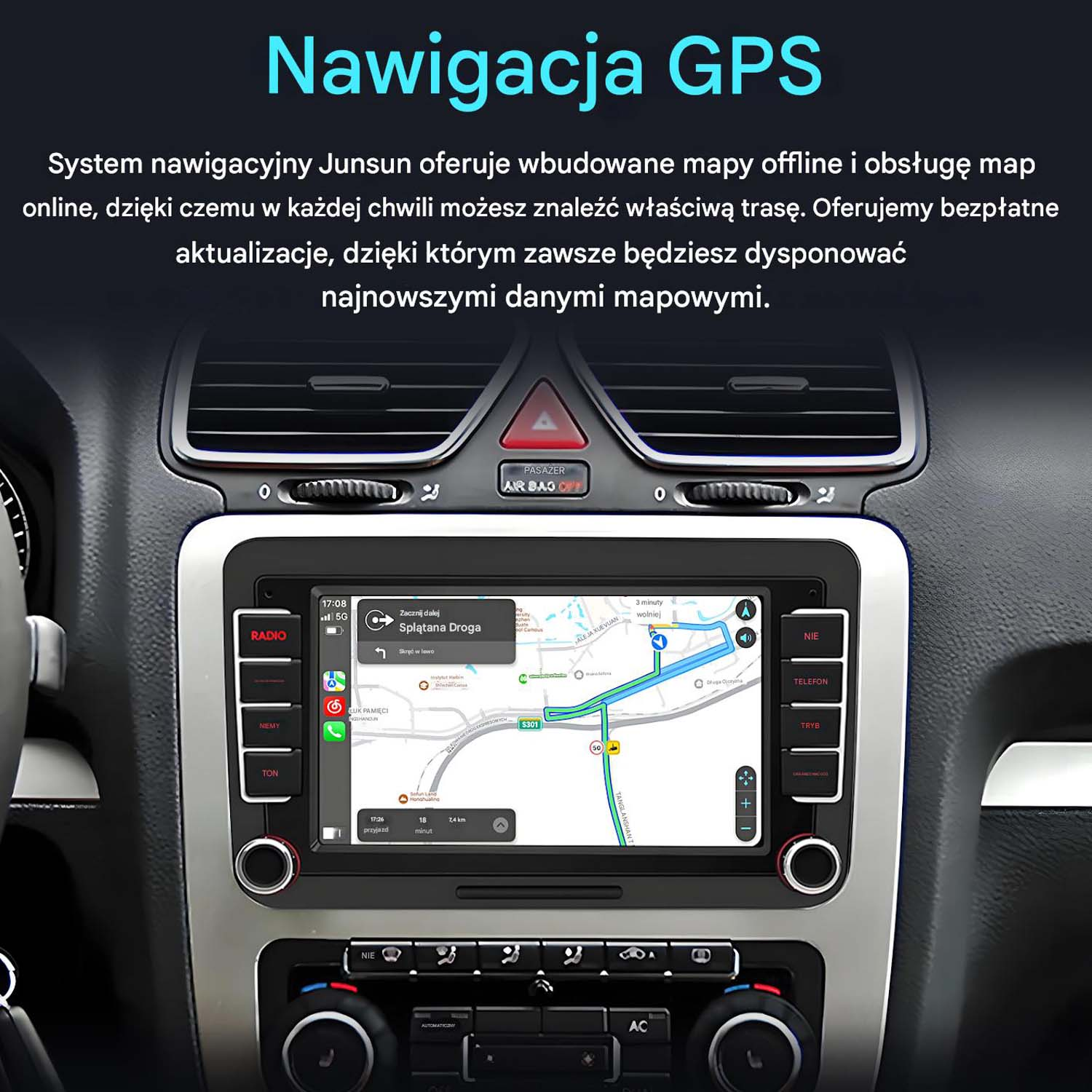 Ekran radia samochodowego z wyświetloną mapą nawigacji GPS.