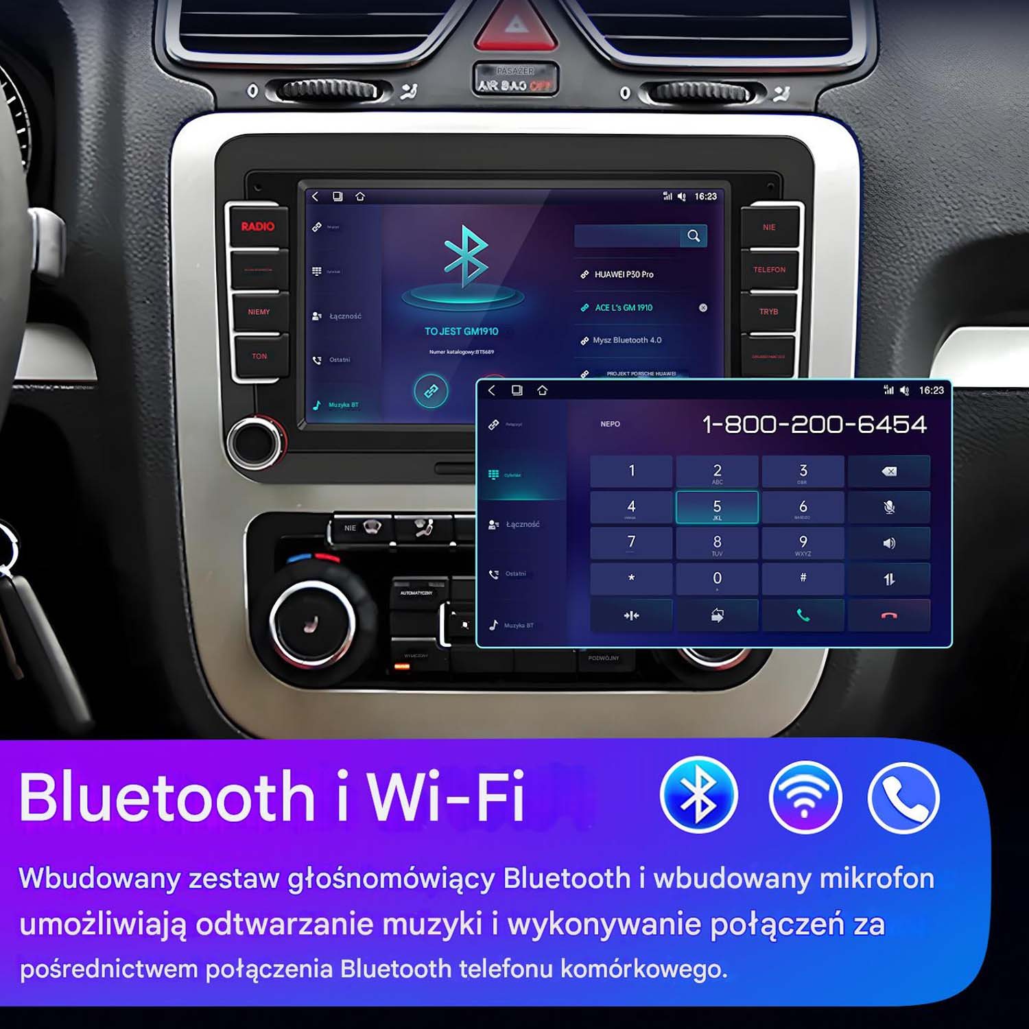 Ekran radia samochodowego wyświetlający opcje konfiguracji Bluetooth i Wi-Fi.