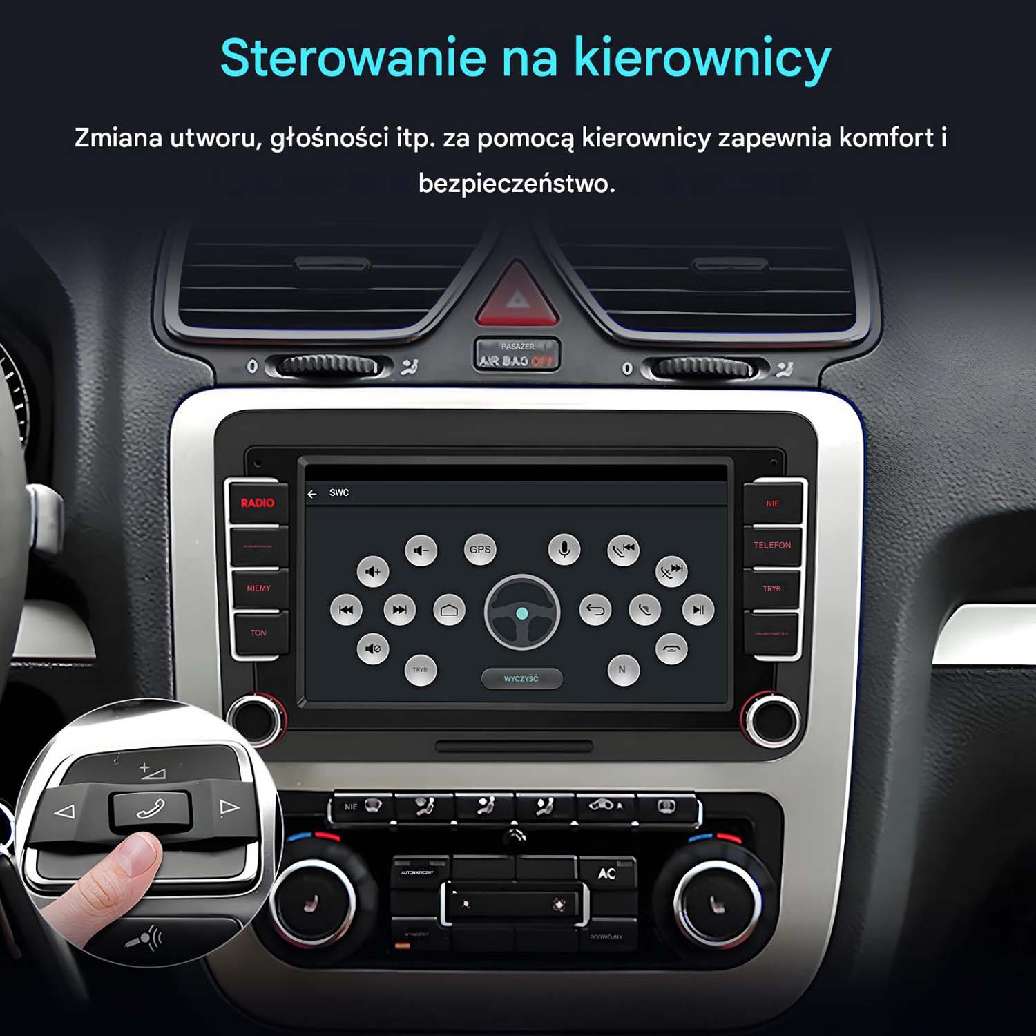 Ekran radia samochodowego z przyciskami, pokazujący interfejs GPS i dłoń używającą przycisku.