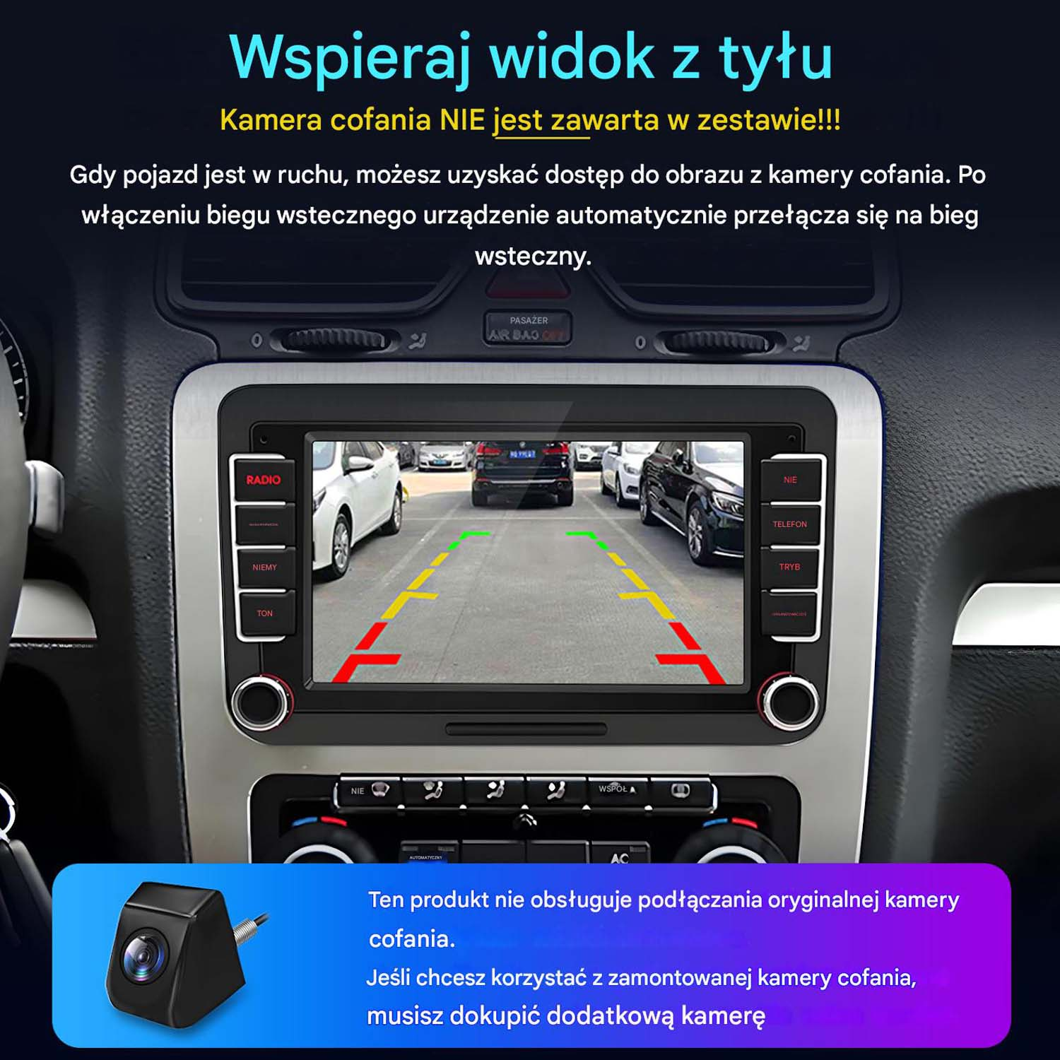 Ekran radia samochodowego wyświetlający obraz z kamery cofania.