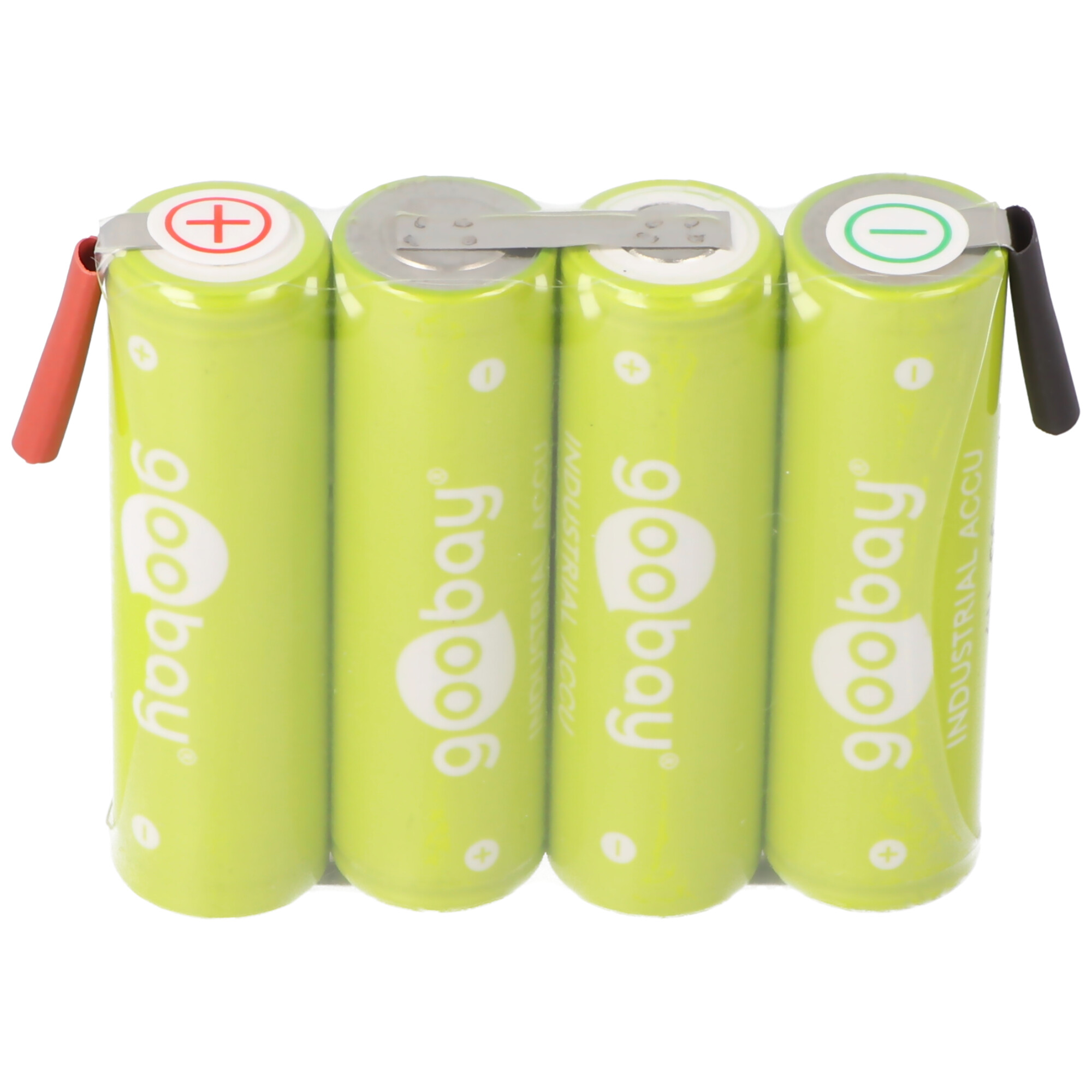 Quattro batterie industriali goobay verdi in un involucro di plastica trasparente.