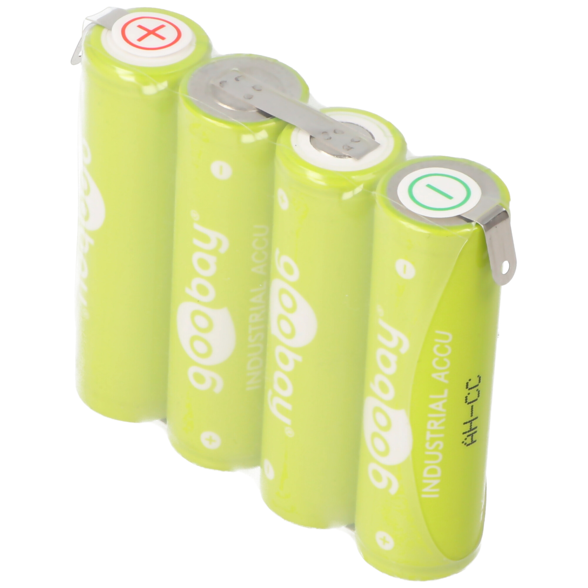 Quattro batterie goobay verdi in plastica trasparente, vista angolata.