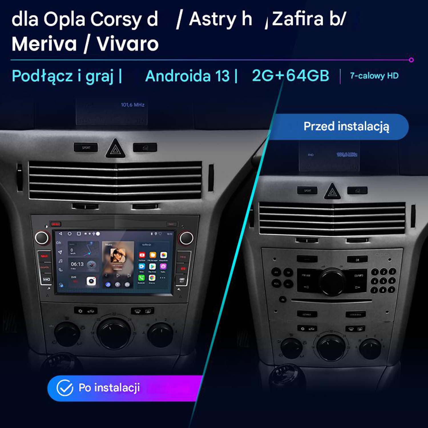 Ekran multimedialny do samochodu z nakładkami tekstowymi. Pokazuje instalację przed i po.