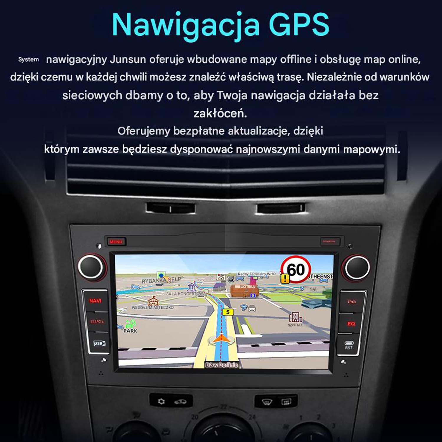 Ekran radia samochodowego wyświetlający mapę z nawigacją. Tekst na górze. Przyciski z boku.