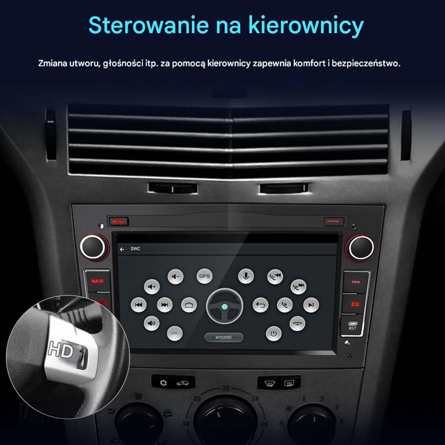 Deska rozdzielcza samochodu z radiem i kierownicą. Tekst po polsku. Czarne i srebrne kolory.