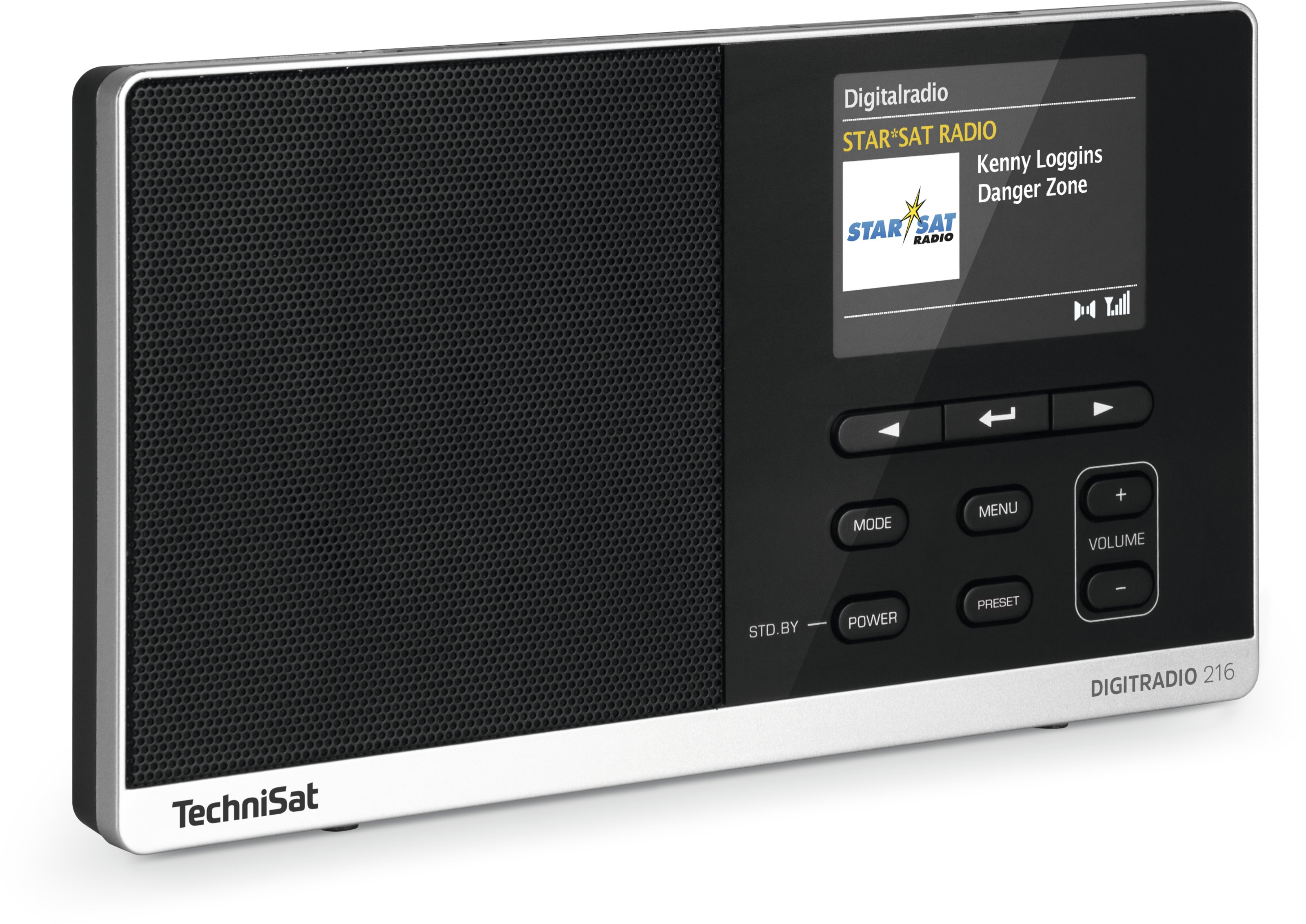 Black and silver TechniSat radio. Screen displays radio info. Buttons for mode, menu, preset, and volume.