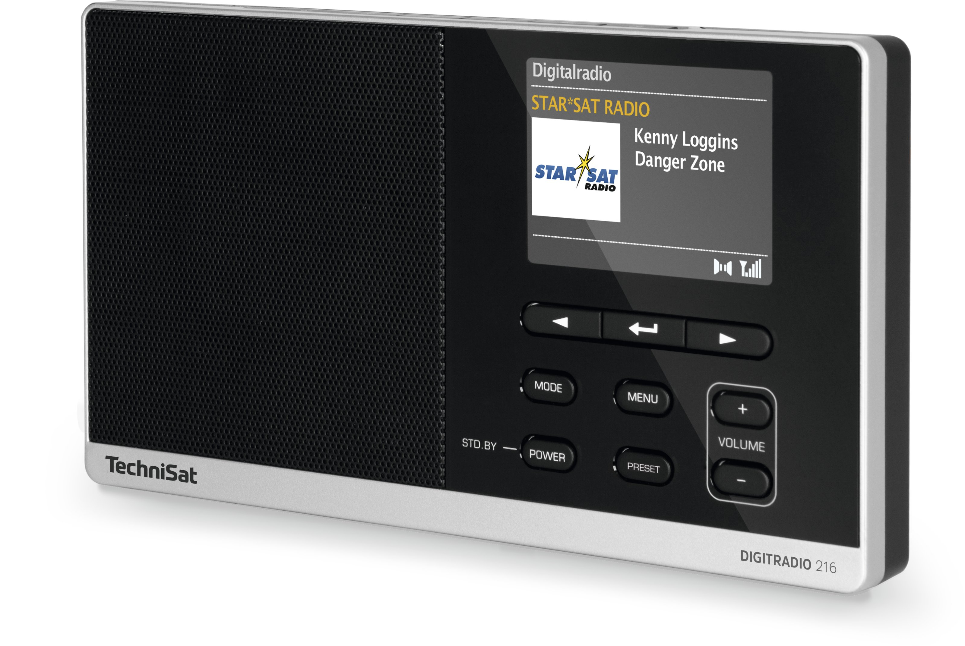 Black TechniSat Digiradio 216, showing the screen and buttons.