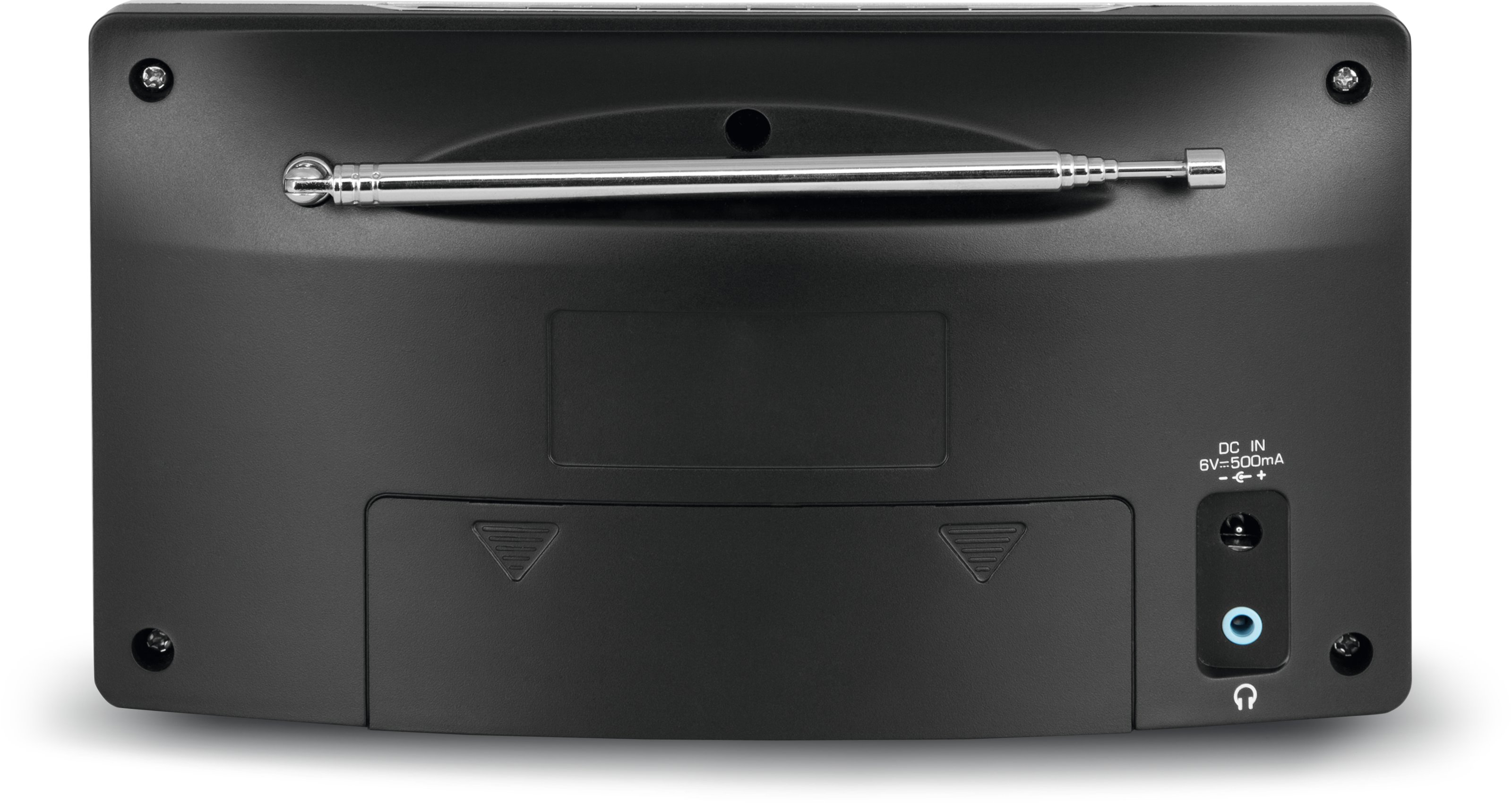 Tył czarnego radia z anteną, wejściem DC i gniazdem słuchawkowym.