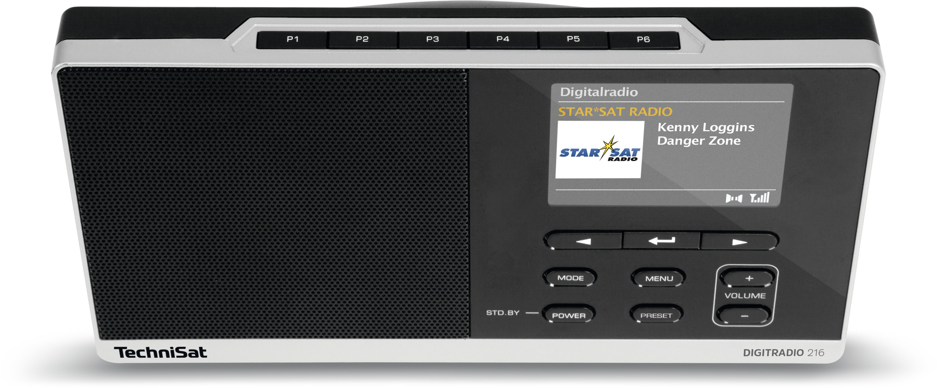 Black TechniSat Digiradio 216, playing music, with buttons and screen.