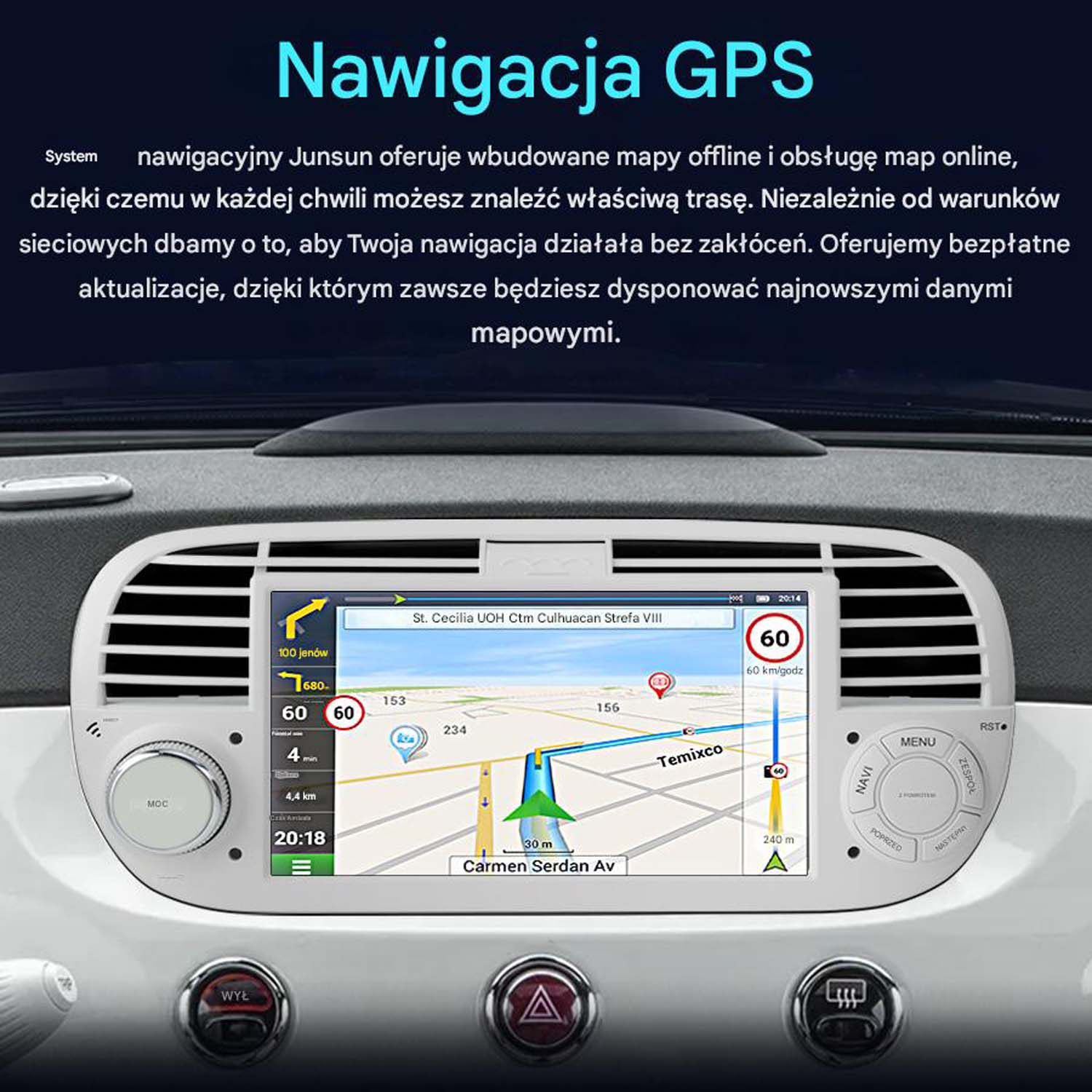 Deska rozdzielcza samochodu z nawigacją GPS. Ekran pokazuje mapę z trasą i wskazówkami.