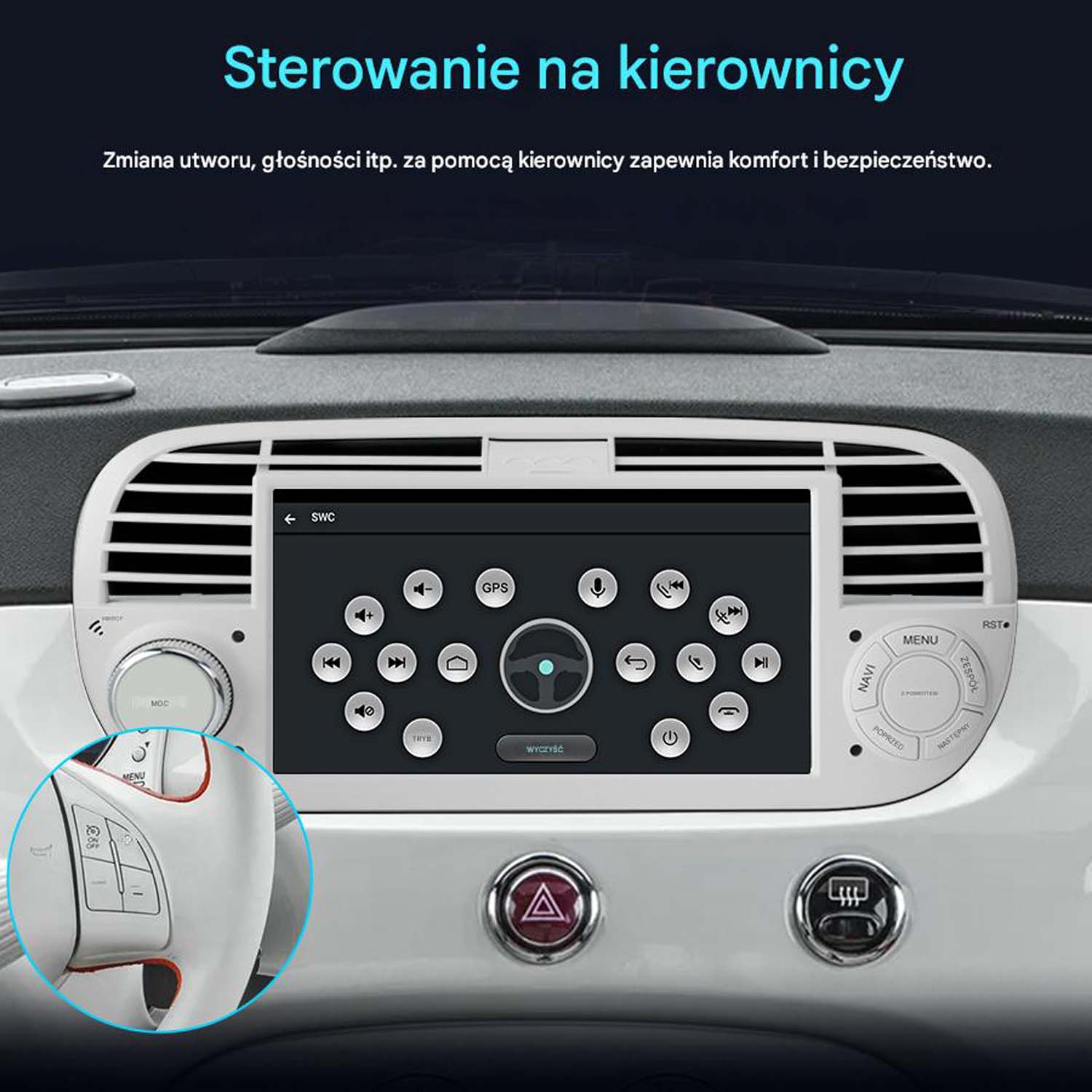 System informacyjno-rozrywkowy samochodu z centralnym wyświetlaczem. Widoczne elementy sterowania kierownicą i deski rozdzielczej.