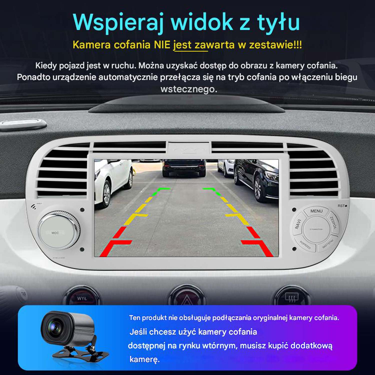 Ekran systemu informacyjno-rozrywkowego samochodu pokazujący obraz z kamery cofania. Widoczna deska rozdzielcza i kierownica.