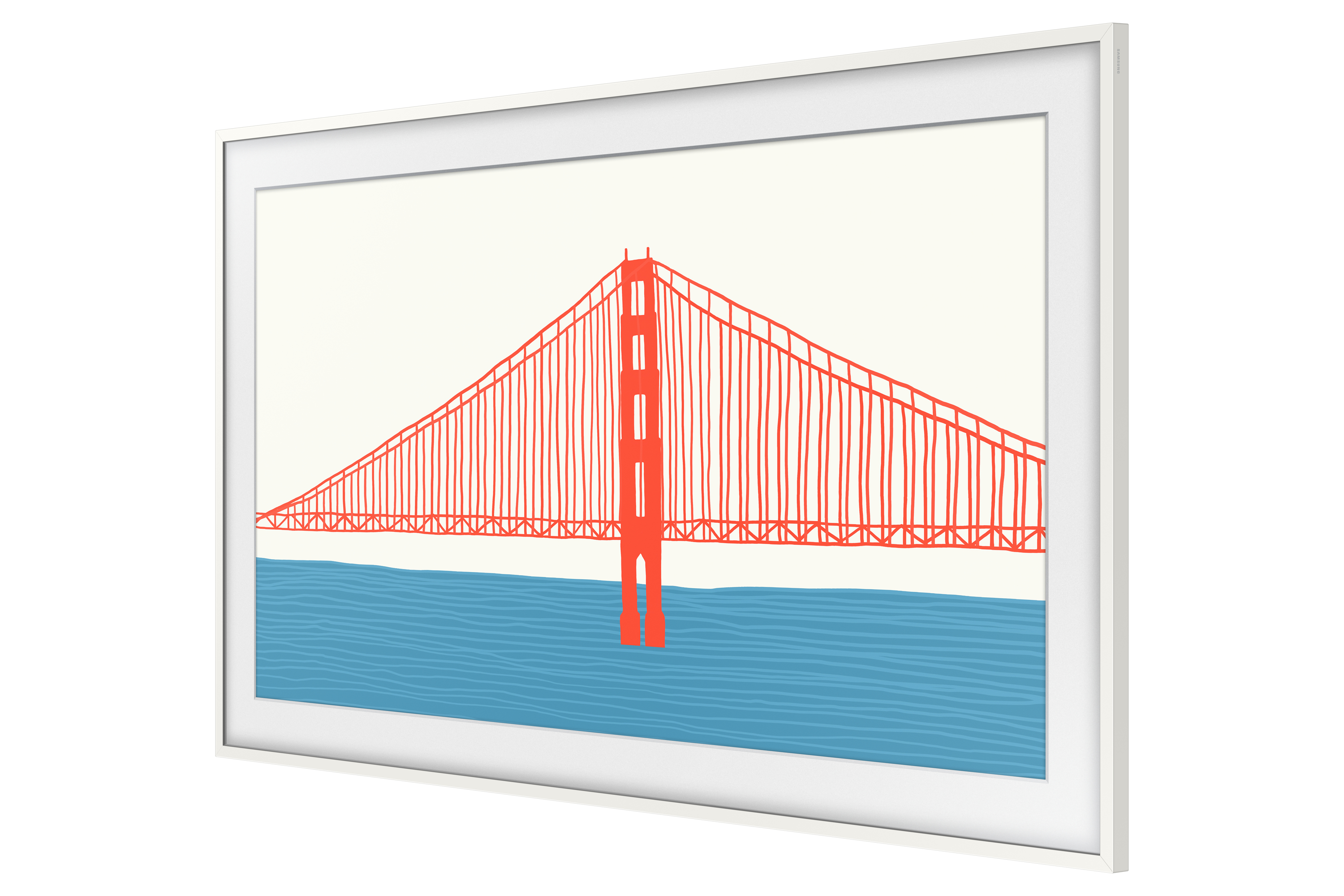Ein weiß gerahmter digitaler Kunstdisplay, das eine Skizze der Golden Gate Bridge zeigt.
