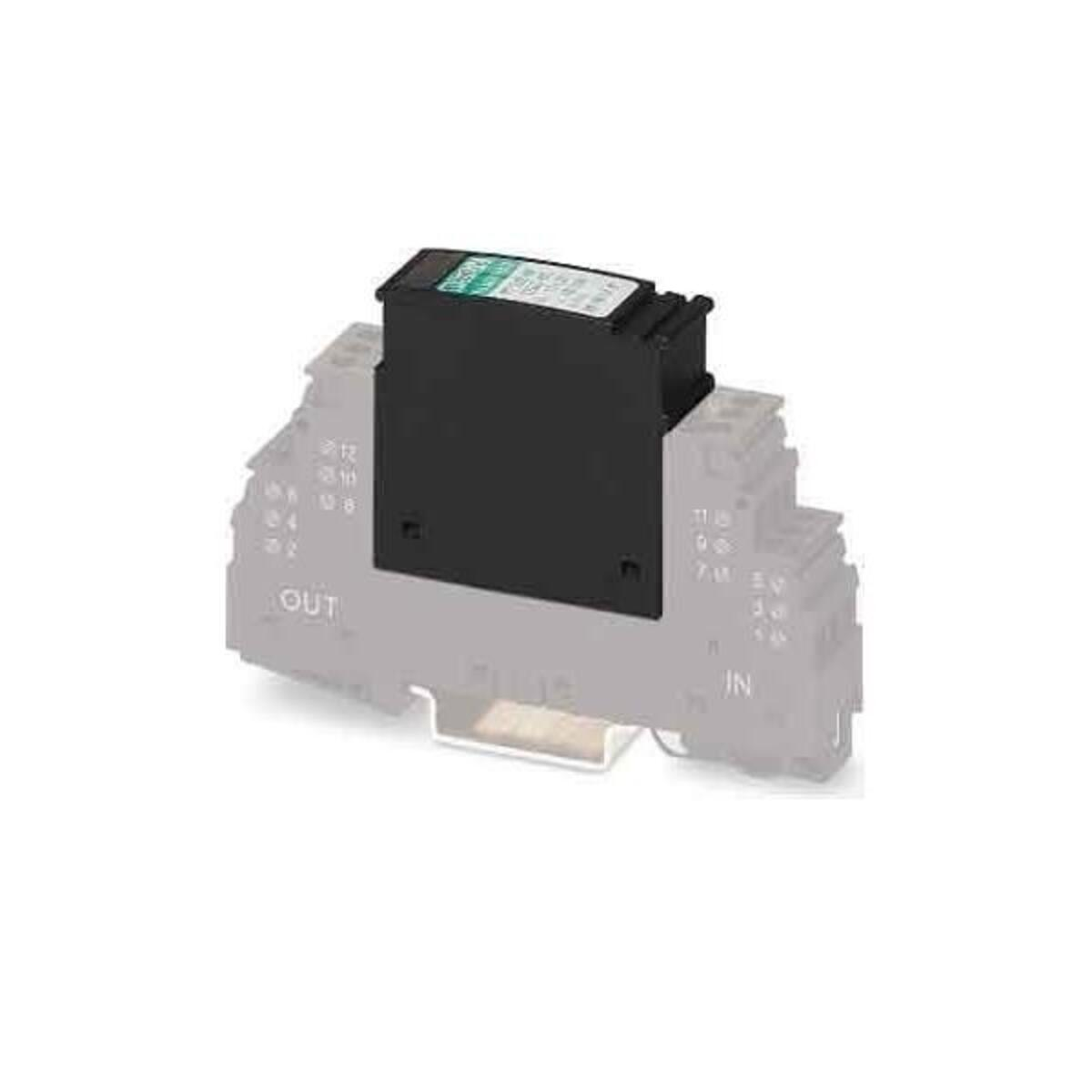 Czarny moduł z wieloma zaciskami, zamontowany na szarej szynie DIN.