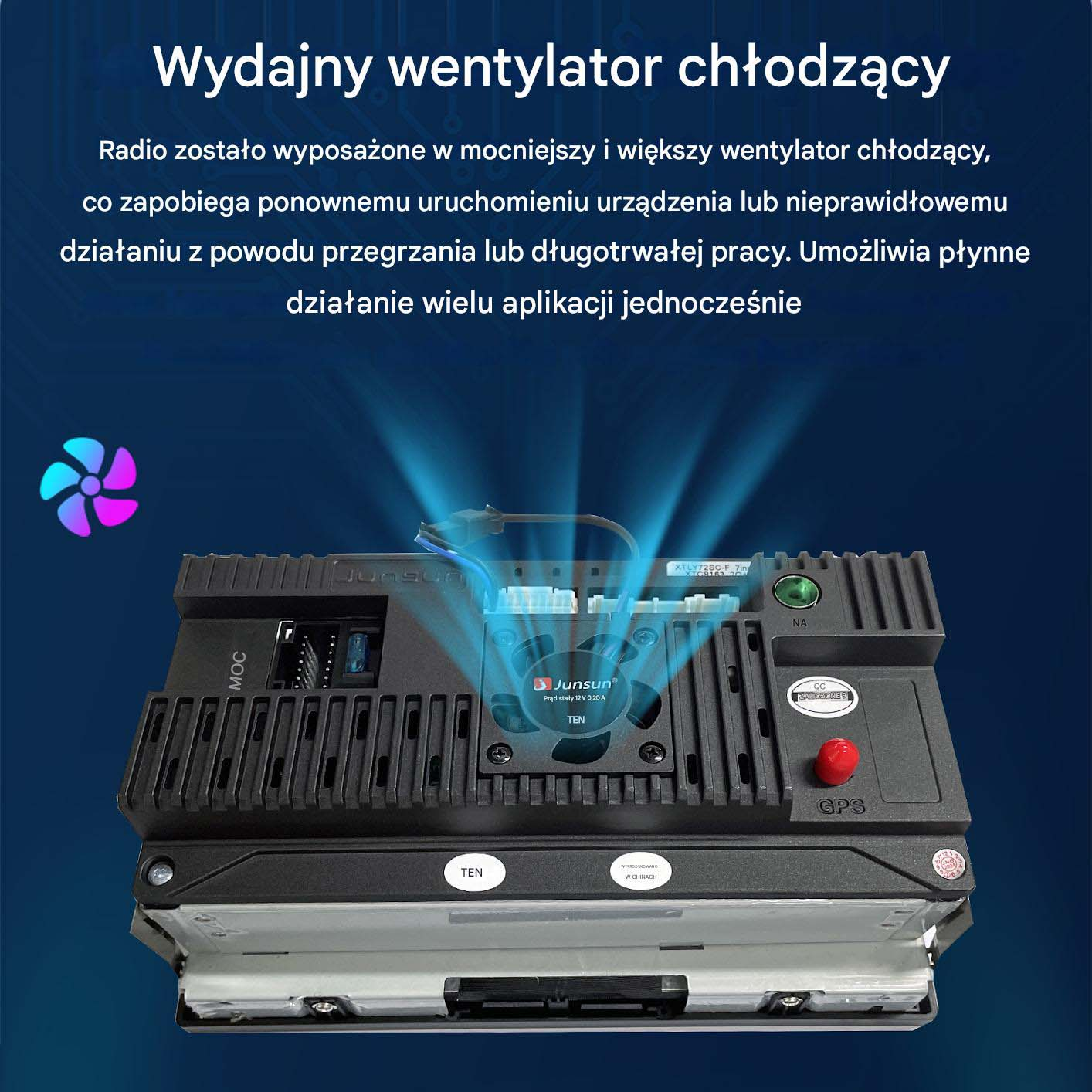 Radio samochodowe z ekranem i przyciskami. Wentylator działa. Tekst po polsku.