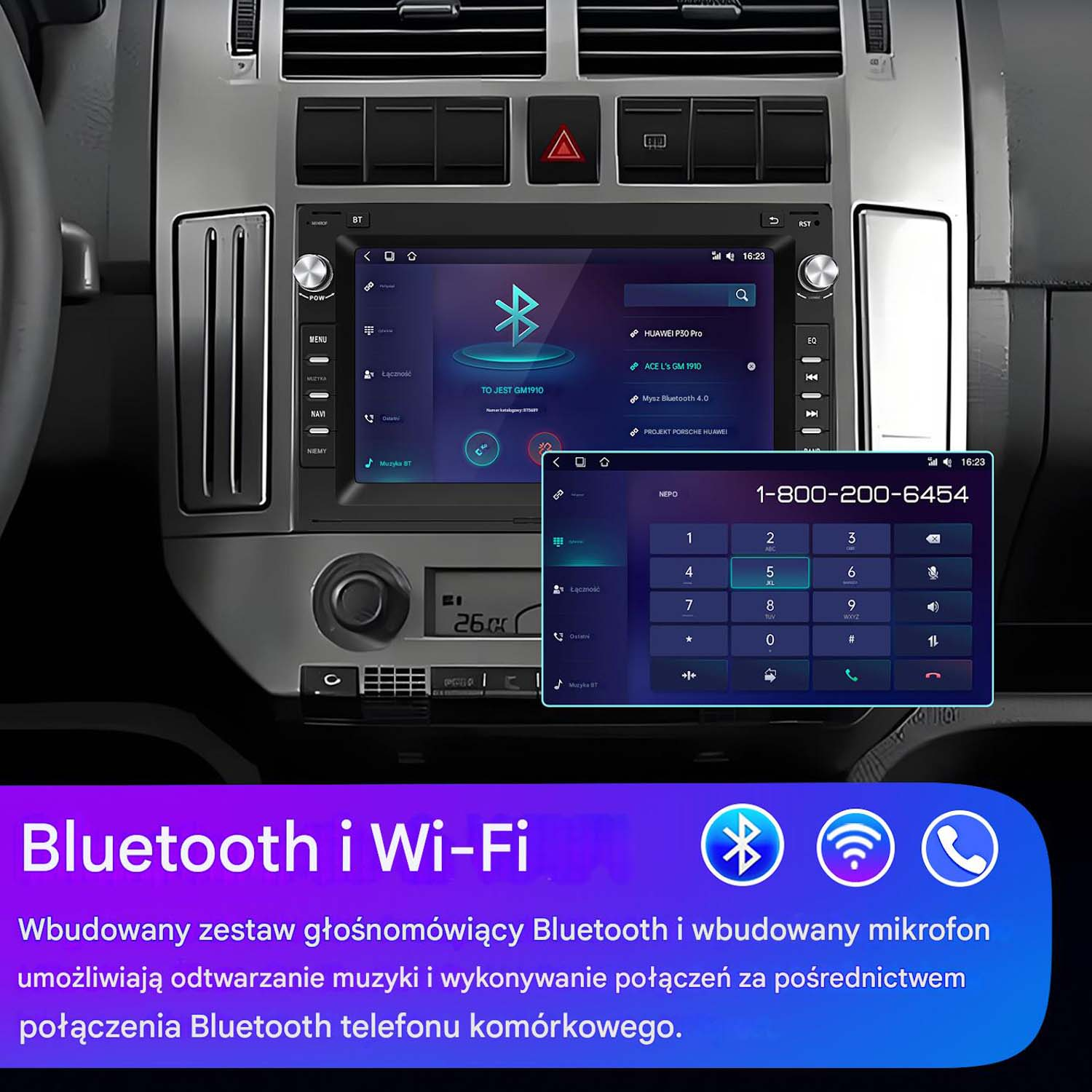Ekran radia samochodowego z ikonami Bluetooth i Wi-Fi oraz informacjami.