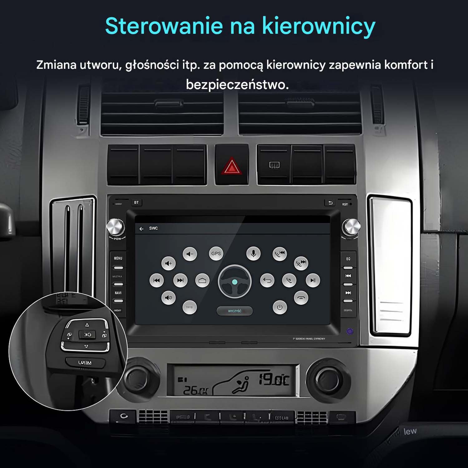 Radio samochodowe. Elementy sterowania kierownicą pokazano po lewej stronie.