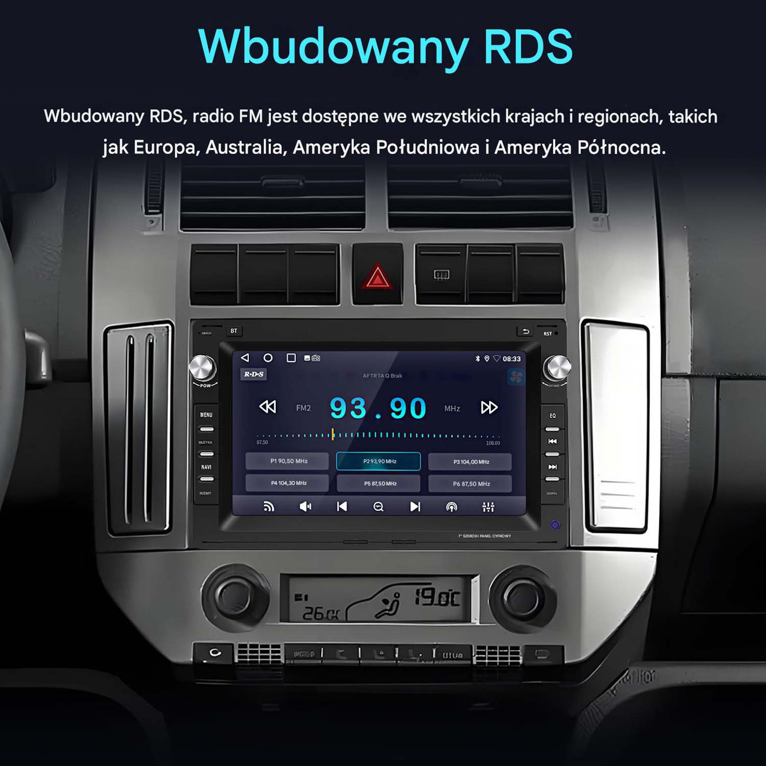 Ekran radia samochodowego wyświetlający informacje RDS i elementy sterowania radiem.