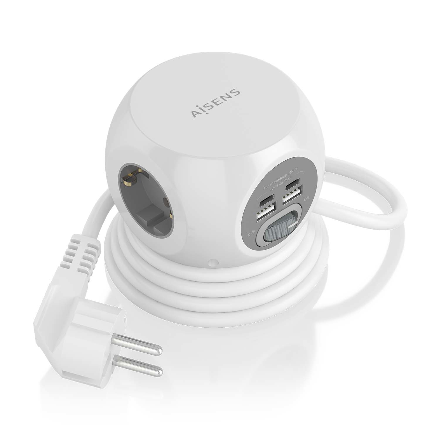 Cubo di alimentazione bianco con prese, porte USB e cavo di alimentazione.