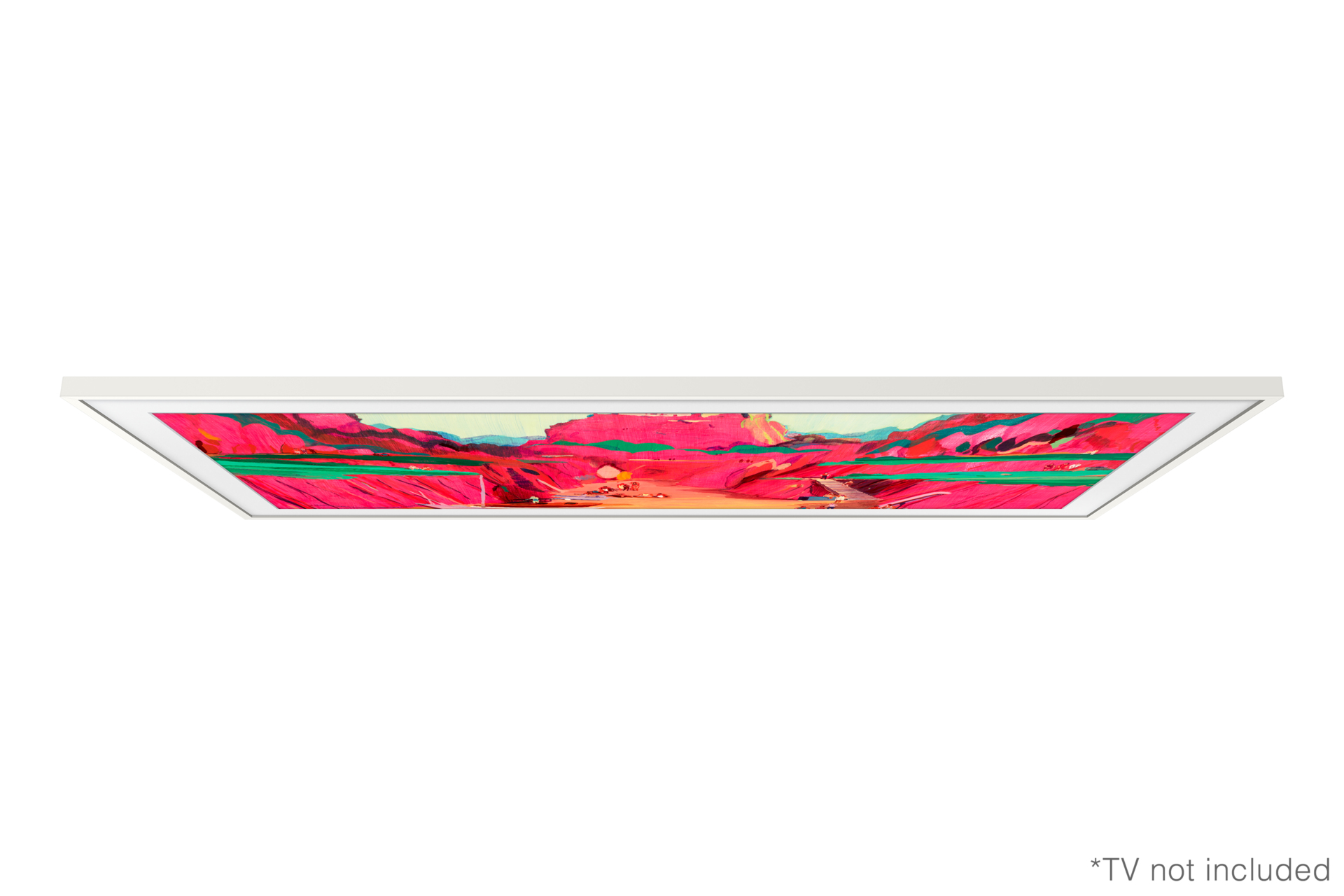 Oprawione dzieło sztuki przedstawiające żywy czerwono-zielony krajobraz.