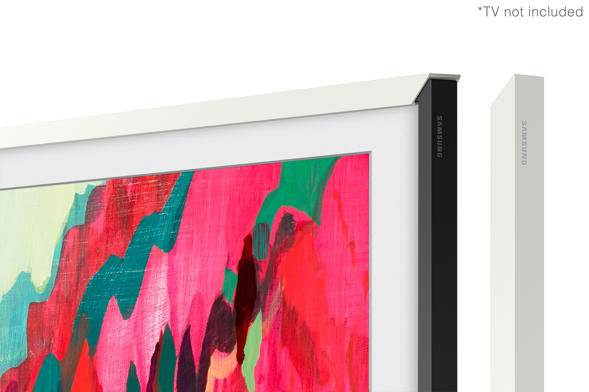 Biała ramka telewizora Samsung z czarnym rogiem i tekstem Samsung.
