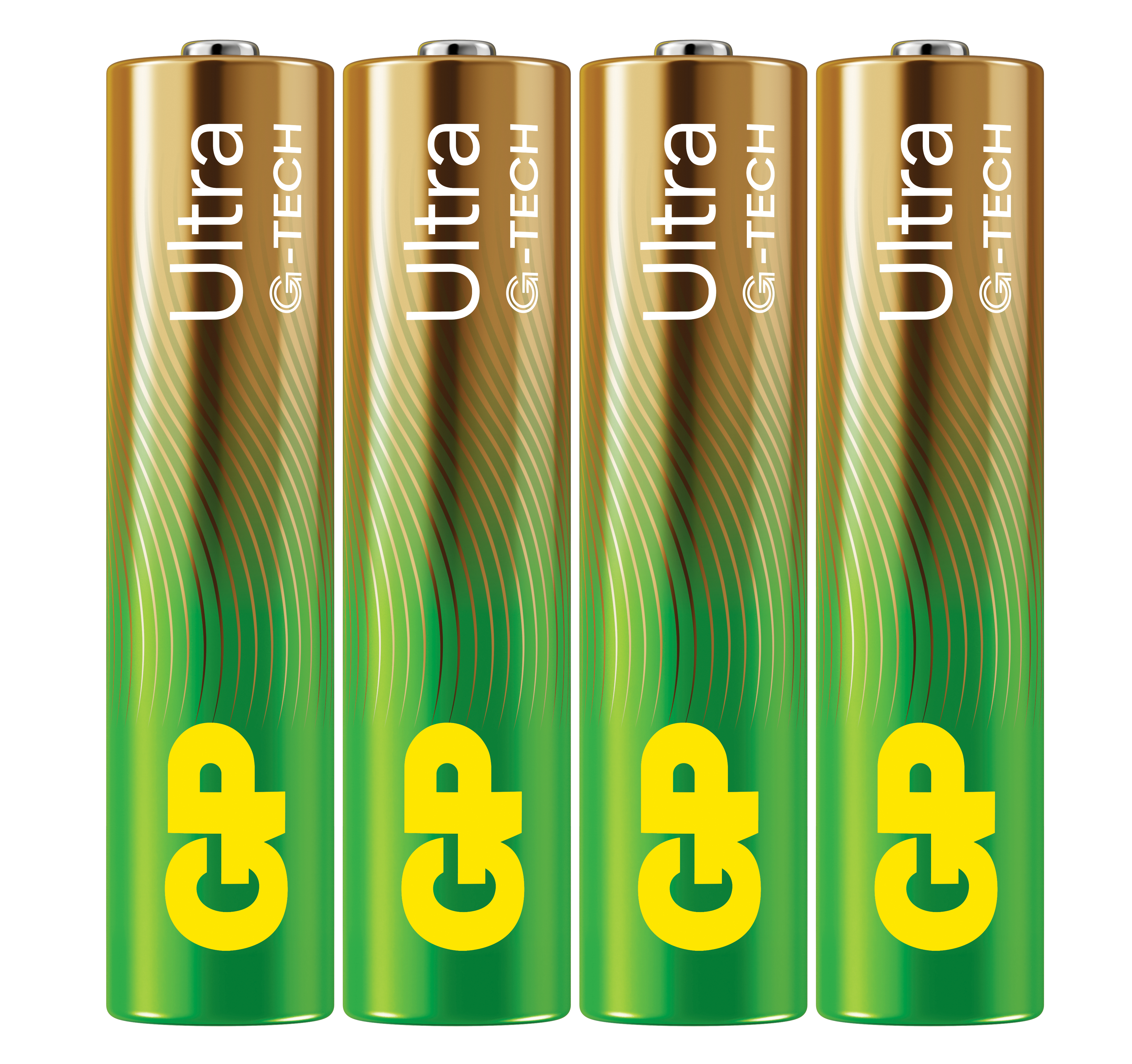 Quattro batterie AA Ultra G-TECH. Marrone e verde con testo giallo. Isolate su sfondo bianco.