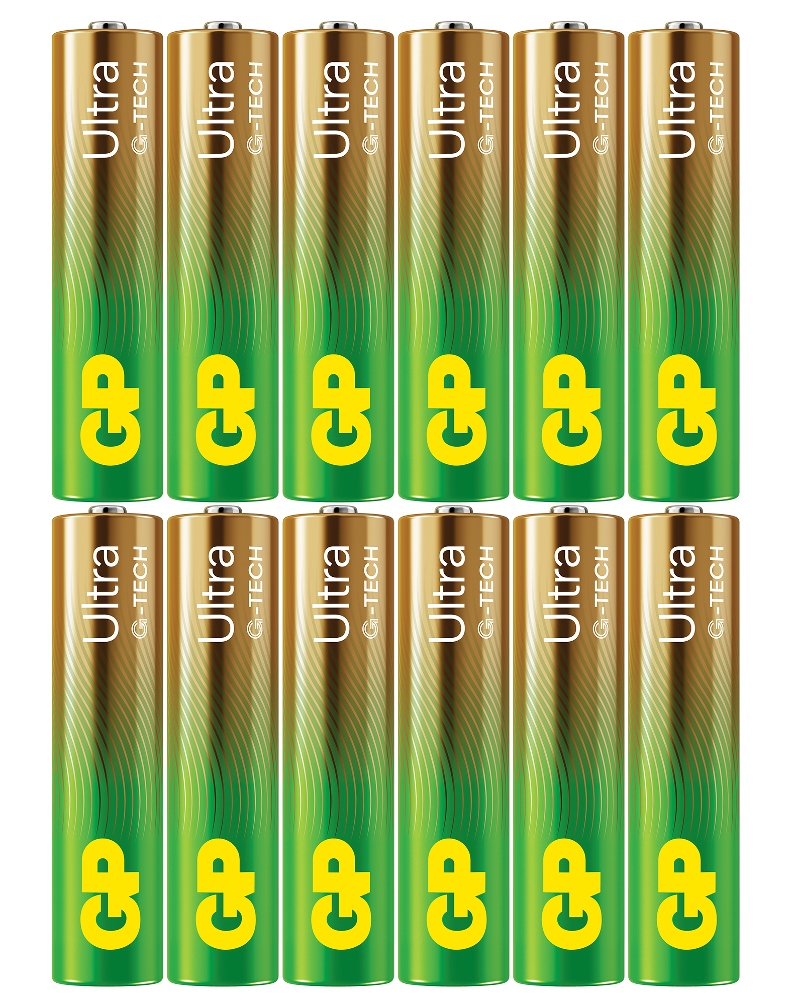 Dodici batterie AA Ultra G-TECH. Marrone e verde con testo giallo. Isolate su sfondo bianco.